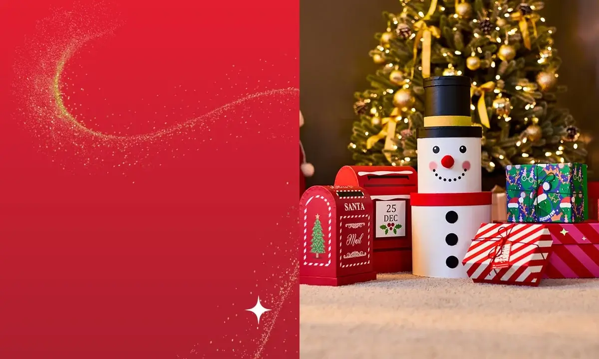 Festive scene with a decorated Christmas tree, snowman-shaped gift box, red mailboxes labeled SANTA and 25 DEC, colorful wrapped presents, and a large red Santa sack. Festive scene with a decorated Christmas tree, snowman-shaped gift box, red mailboxes labeled SANTA and 25 DEC, colorful wrapped presents, and a large red Santa sack.