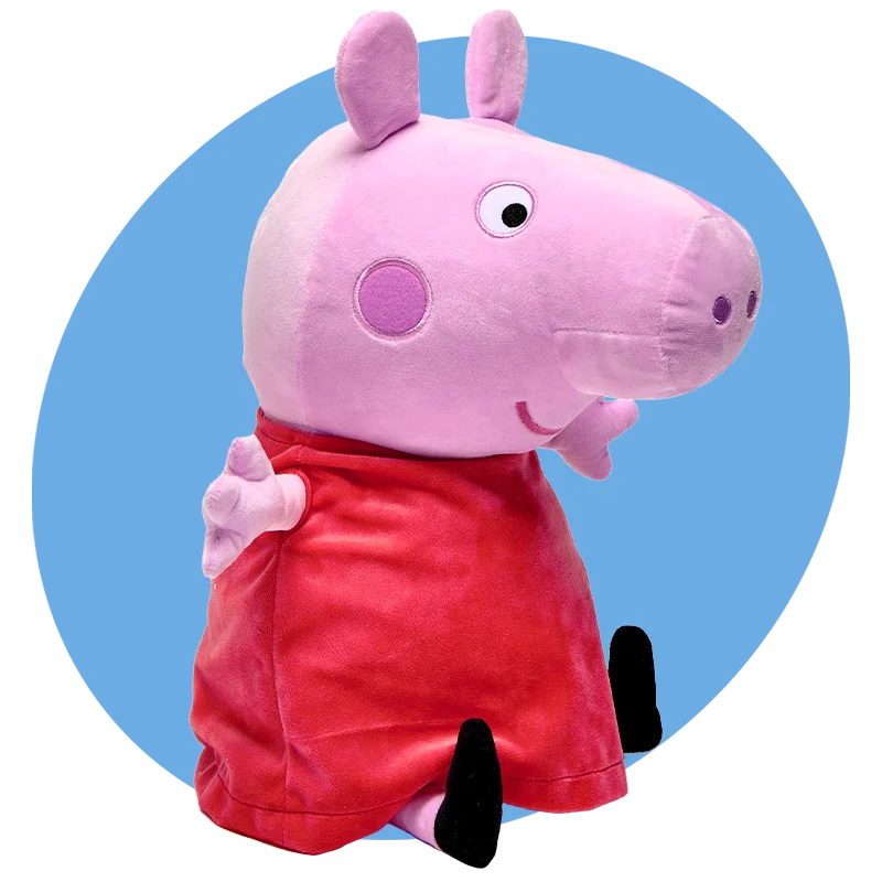 A Peppa Pig soft plush toy wearing a red dress, shown in a seated position against a blue circular background.