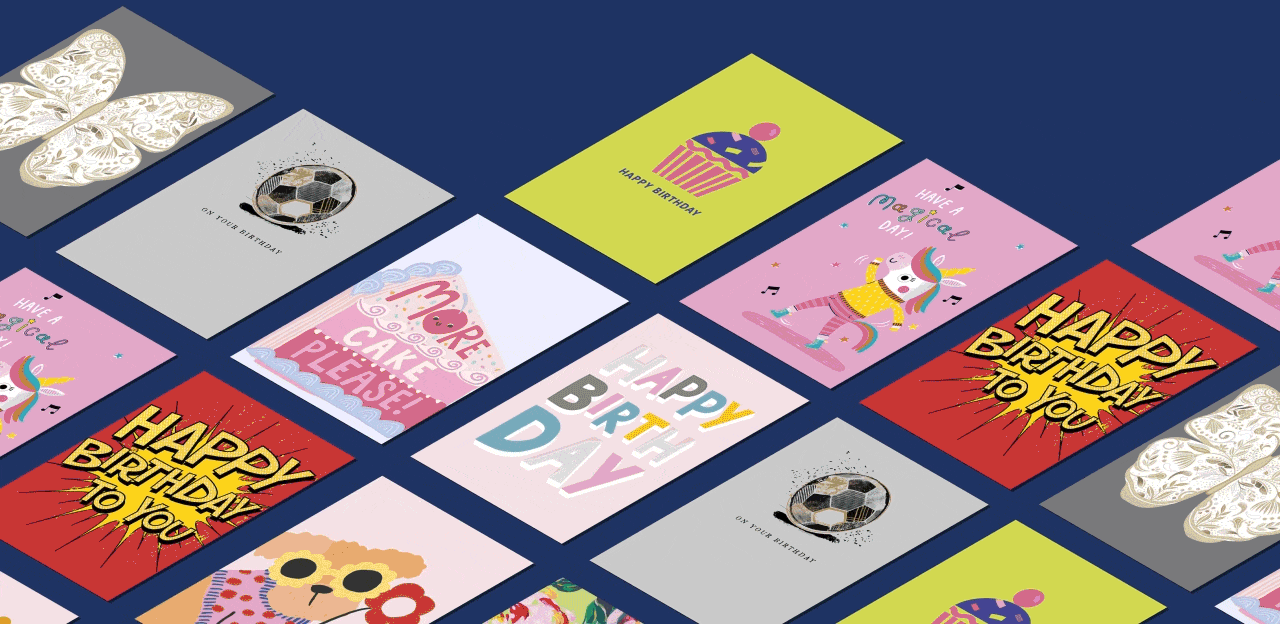 A collection of colorful greeting cards arranged on an orange background. The cards feature various designs, including a soccer ball, a bear with sunglasses, flowers, and birthday messages such as 'HAPPY BIRTHDAY', 'HAPPY BIRTHDAY TO YOU', and 'MORE CAKE PLEASE