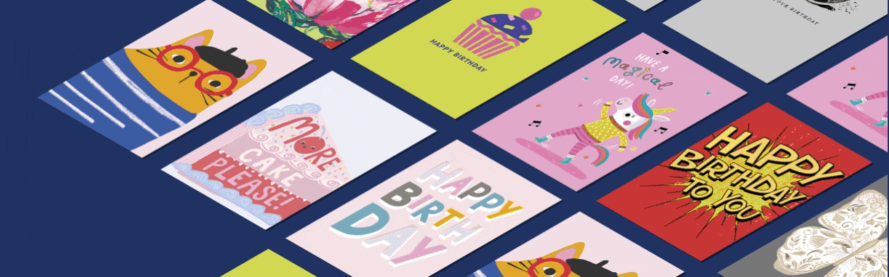 A collection of colorful greeting cards arranged on an orange background. The cards feature various designs, including a soccer ball, a bear with sunglasses, flowers, and birthday messages such as 'HAPPY BIRTHDAY', 'HAPPY BIRTHDAY TO YOU', and 'MORE CAKE PLEASE