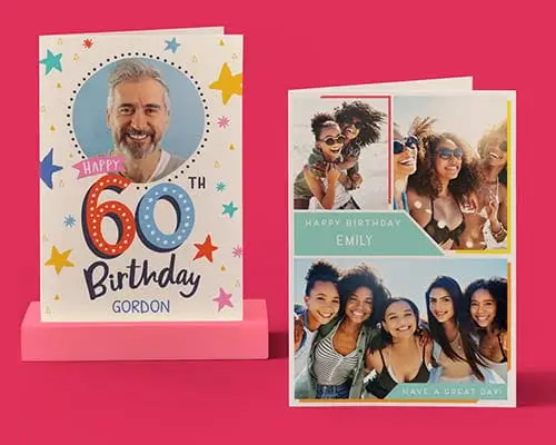 Personalised photo birthday cards featuring a custom 60th birthday design and a multi-photo collage card displayed on a bright pink background.