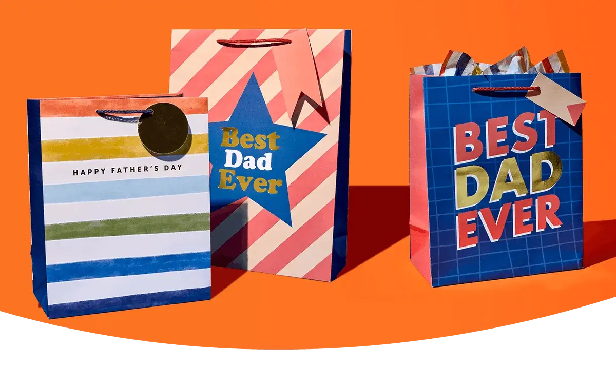 Three Father’s Day gift bags with colourful stripe, star, and grid designs labelled Best Dad Ever on an orange background Three Father’s Day gift bags with colourful stripe, star, and grid designs labelled Best Dad Ever on an orange background
