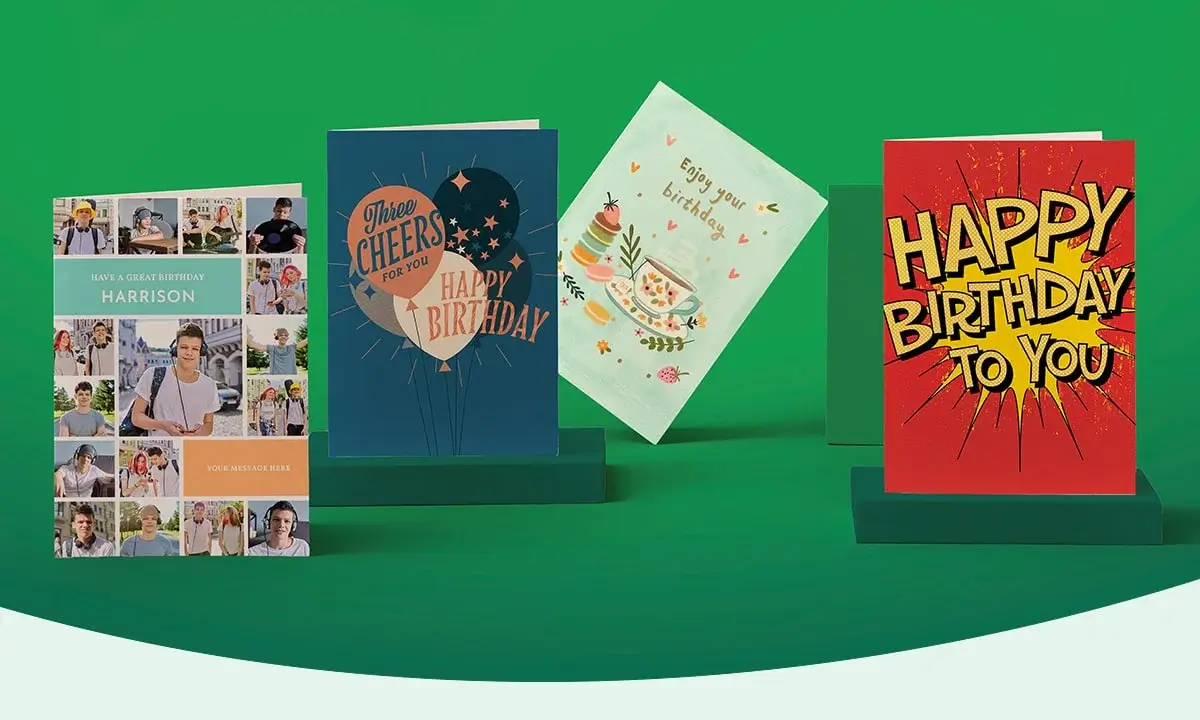 Four birthday cards on a green background, featuring designs with photos, balloons, food and flowers, and comic-style text