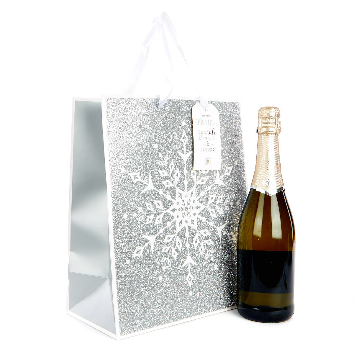 Large Portrait Silver Glitter Snowflake Christmas Gift Bag