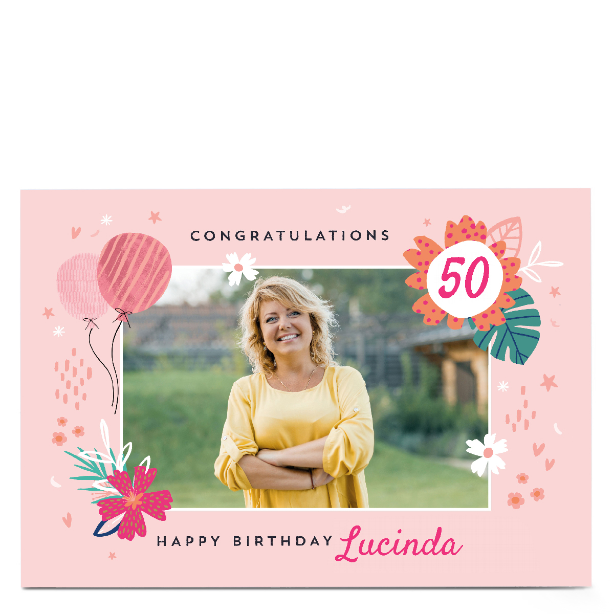 Photo Birthday Card - Pink Floral, Editable Age