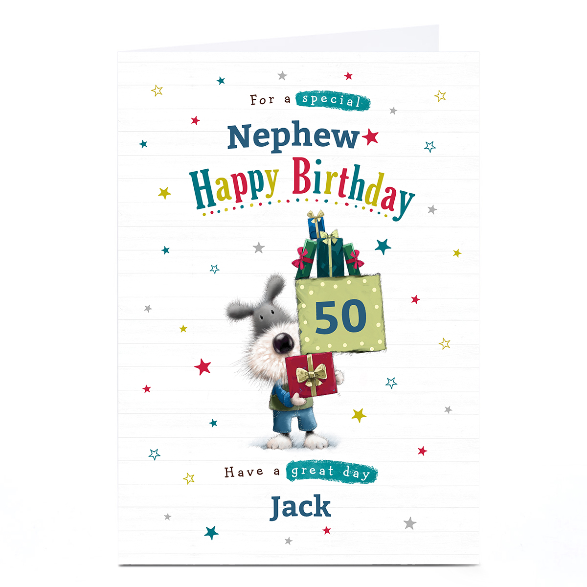 Personalised Birthday Card - Dog with Presents, Nephew, Editable Age