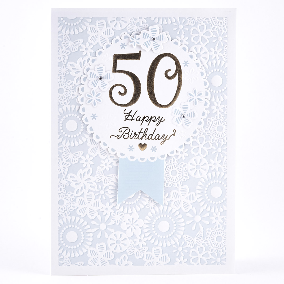 50th Birthday Card - Blue Floral Pattern