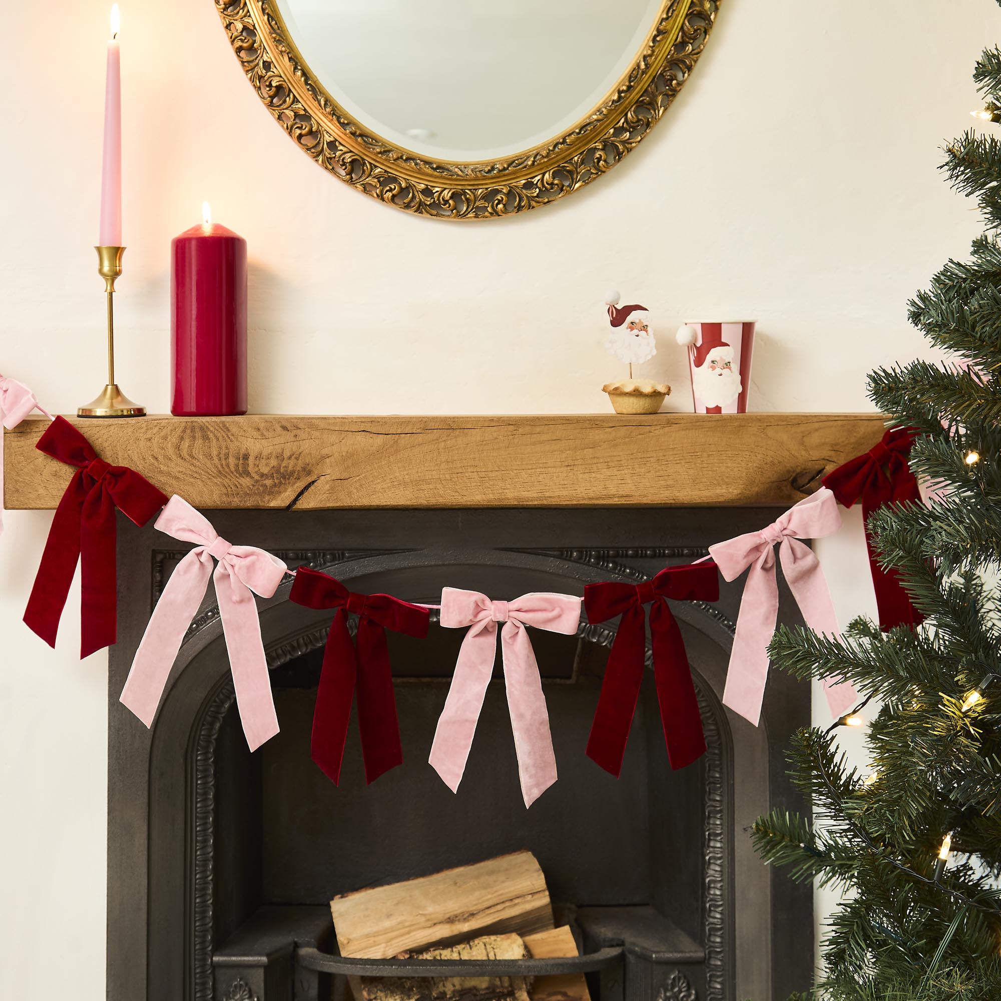 Pink & Red Velvet Bow Garland 2m