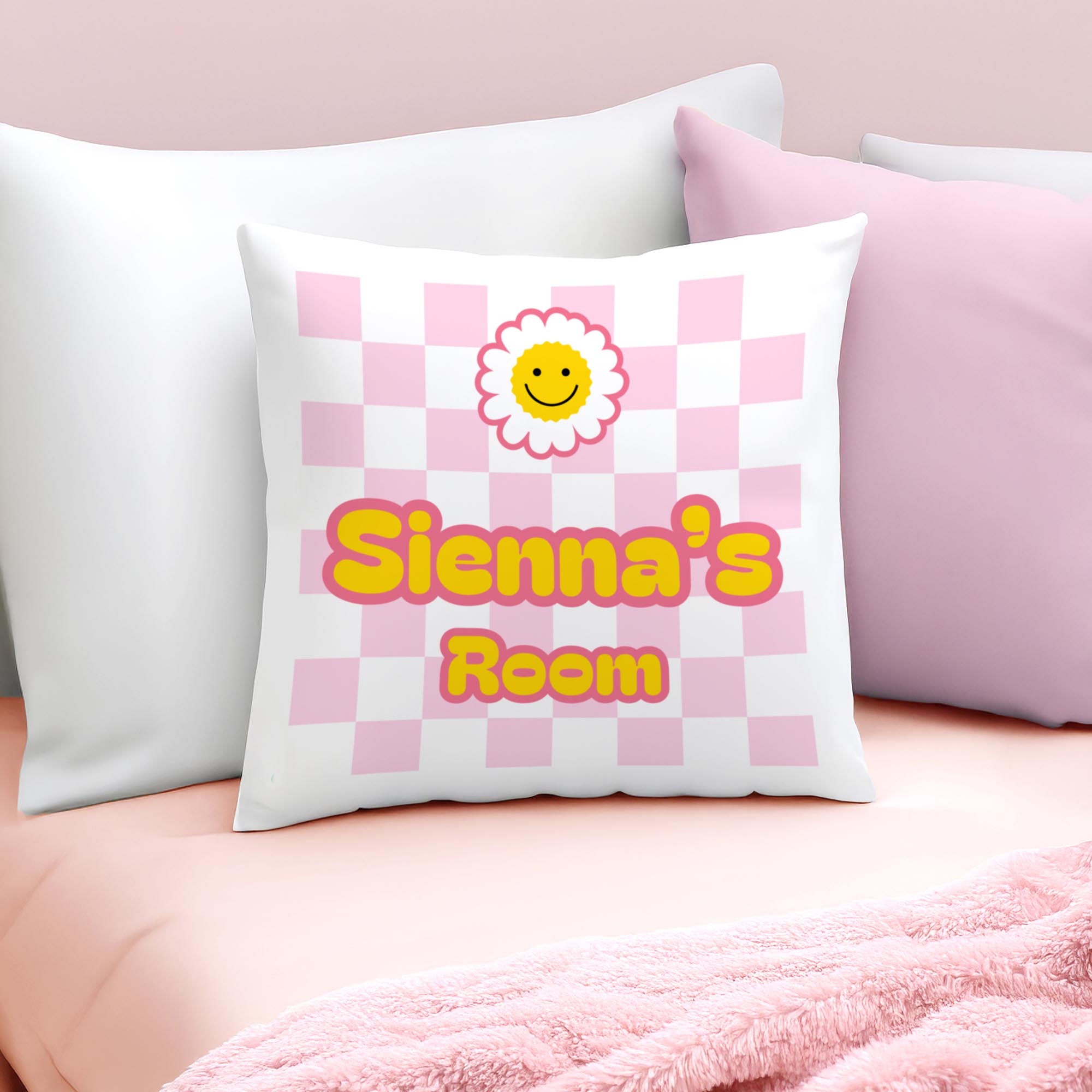 Personalised Pink Check Children's Bedroom Cushion