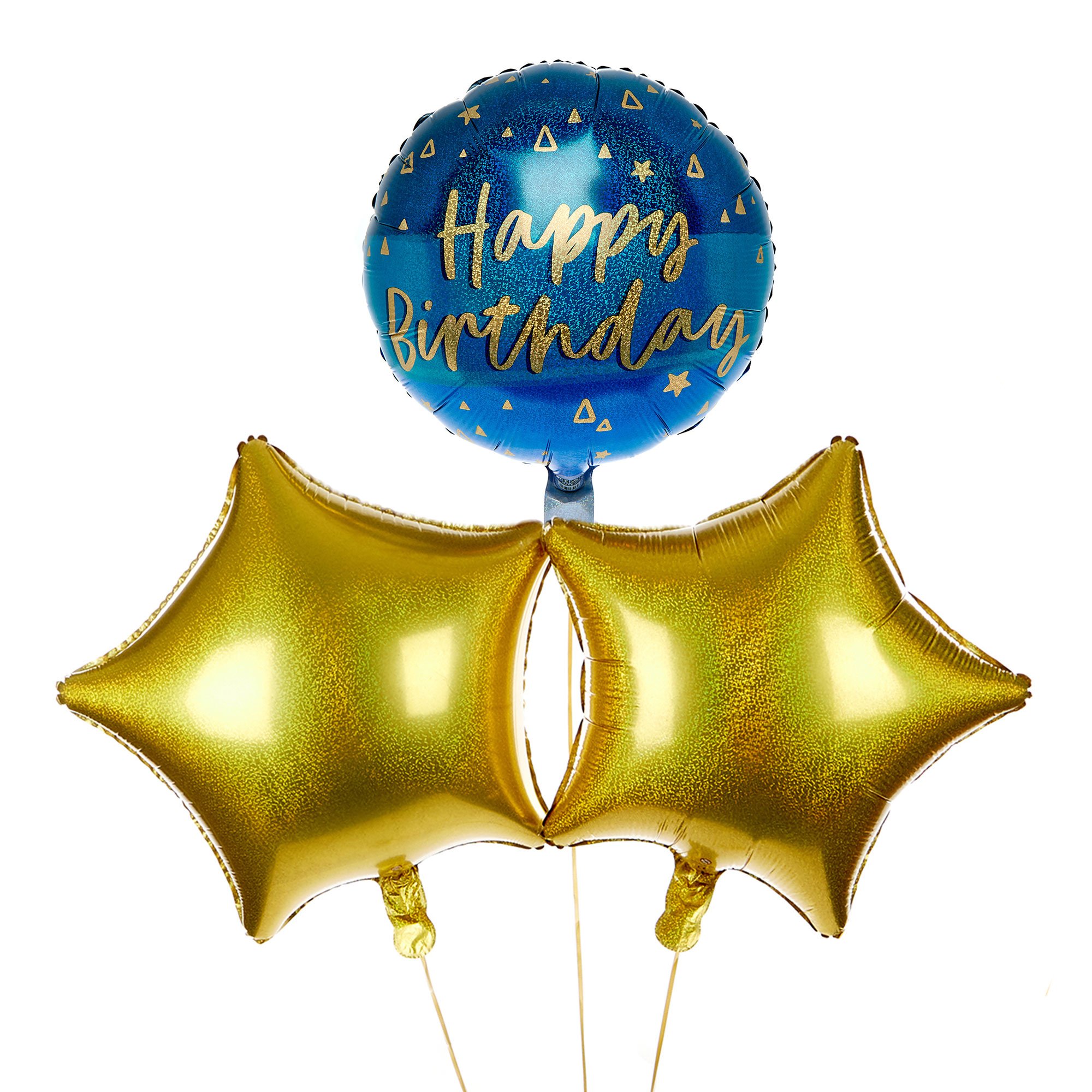 Blue & Gold Happy Birthday Balloon Bouquet - DELIVERED INFLATED!