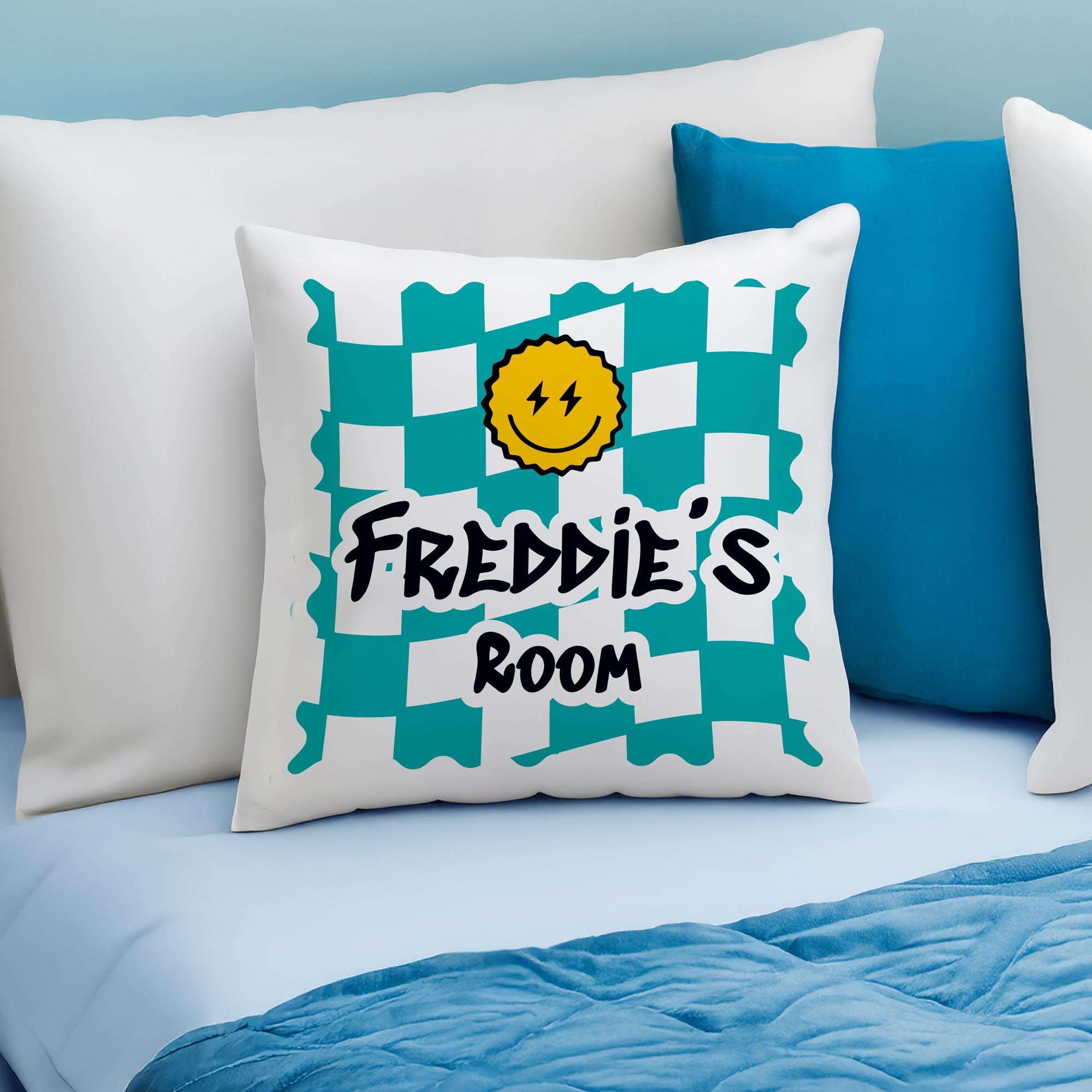 Personalised Blue Check Children's Bedroom Cushion