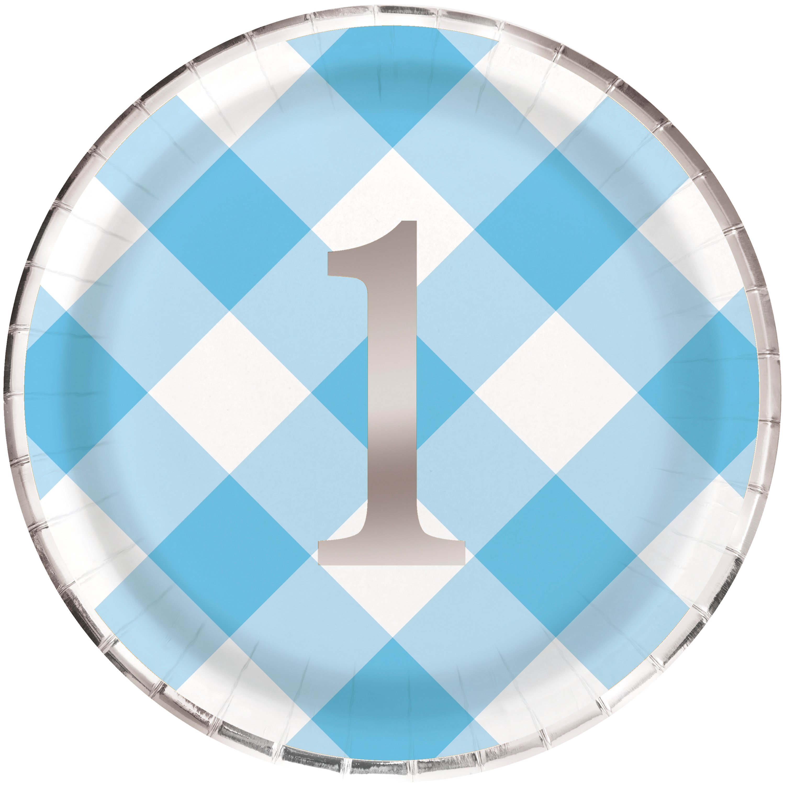Blue Gingham 1st Birthday Party Tableware & Decorations Bundle - 16 Guests