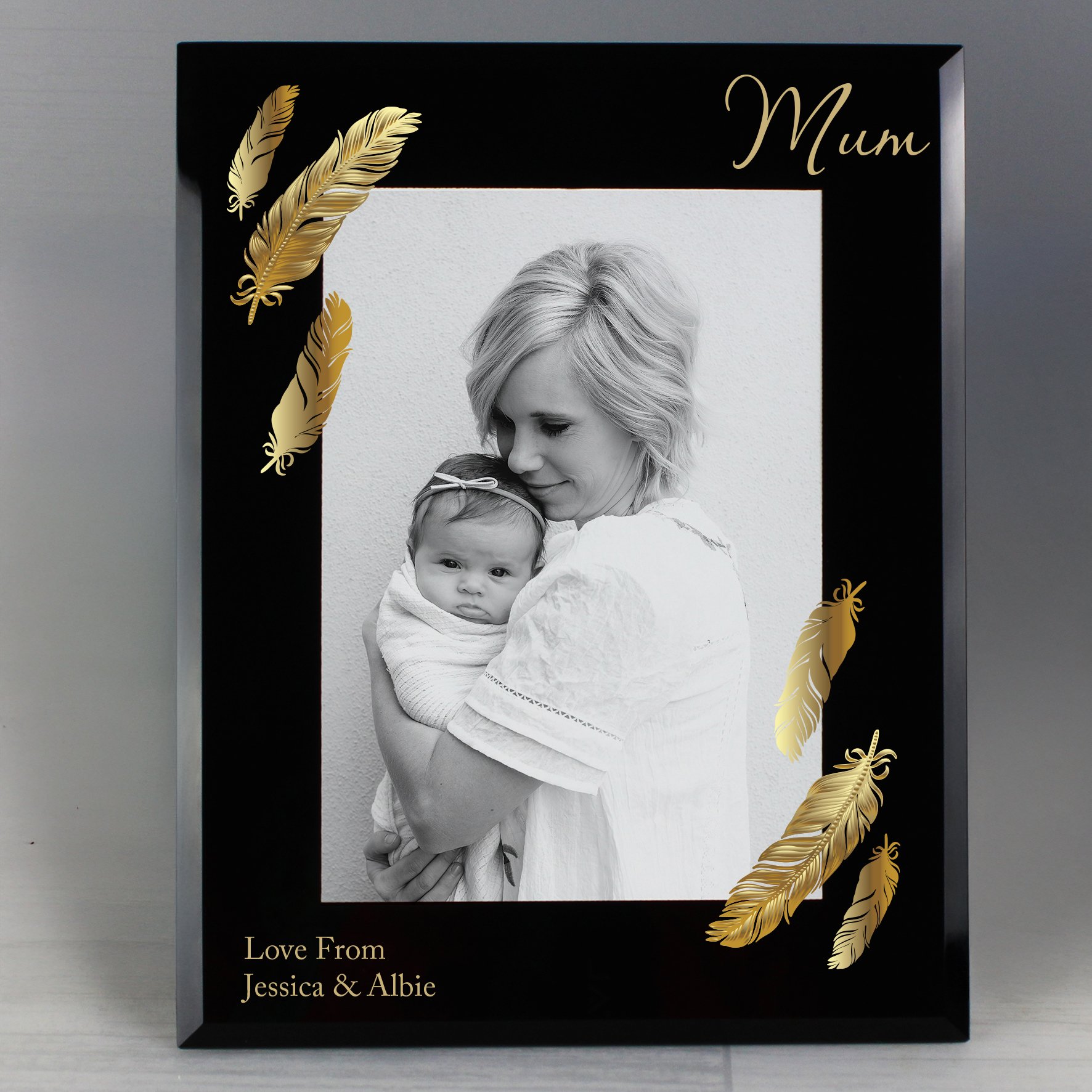 Personalised Golden Feather 5x7 Black Glass Photo Frame