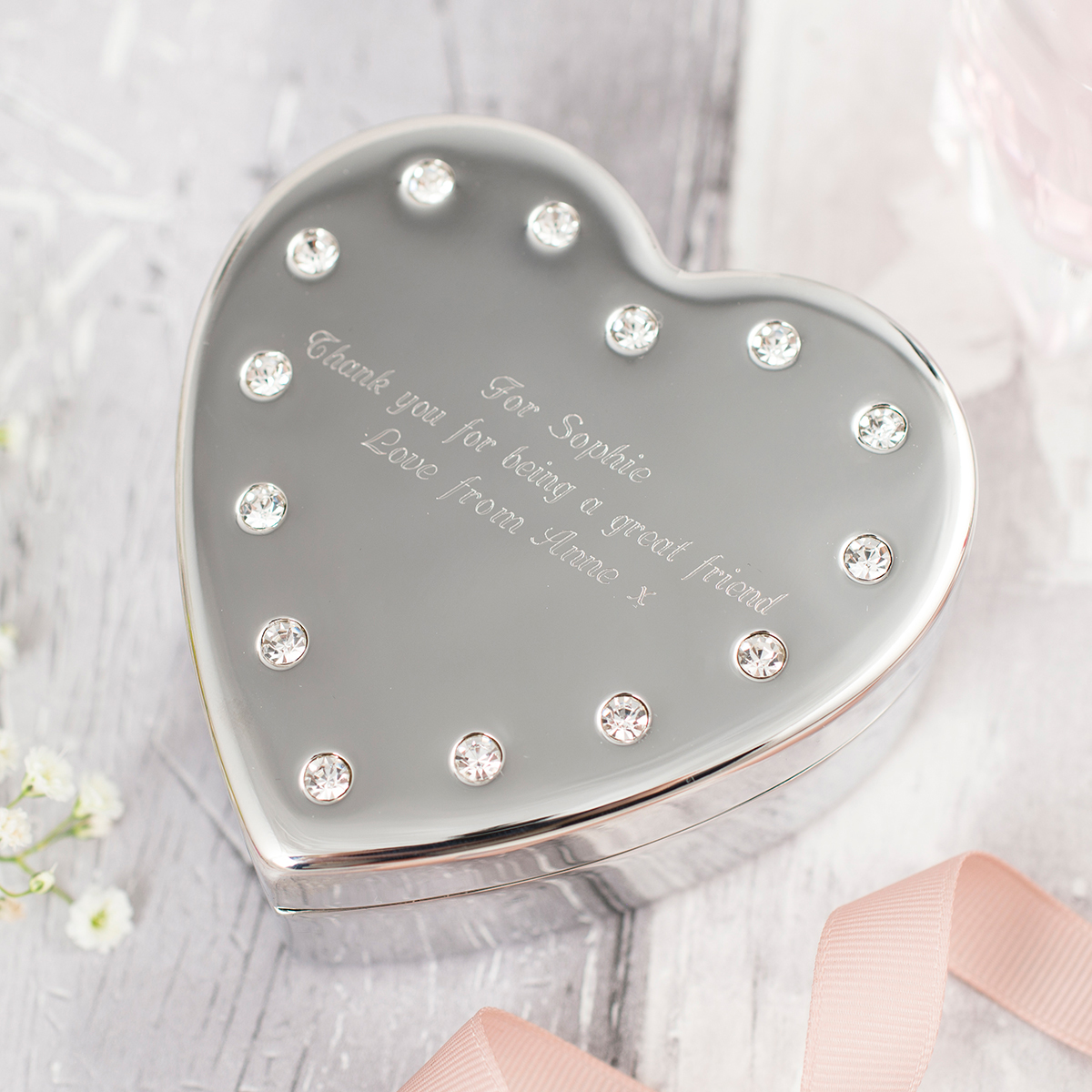 Engraved Diamante Heart-Shaped Jewellery Box - Birthday