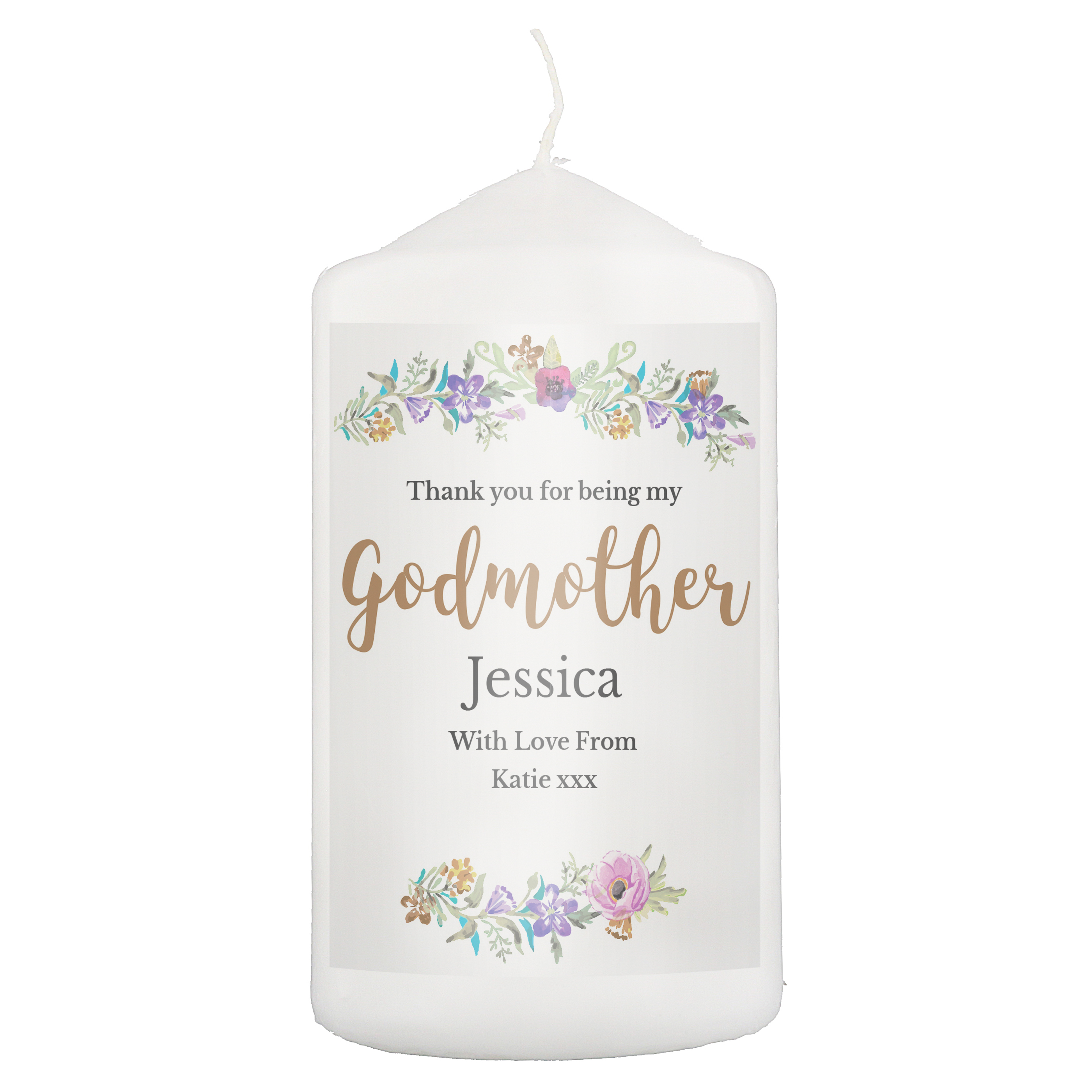 Personalised Godmother Floral Watercolour Pillar Candle