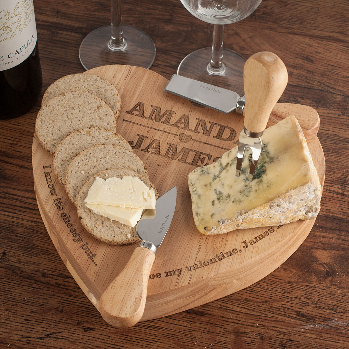 Personalised Engraved Heart Shaped Wooden Cheeseboard Set - Couples