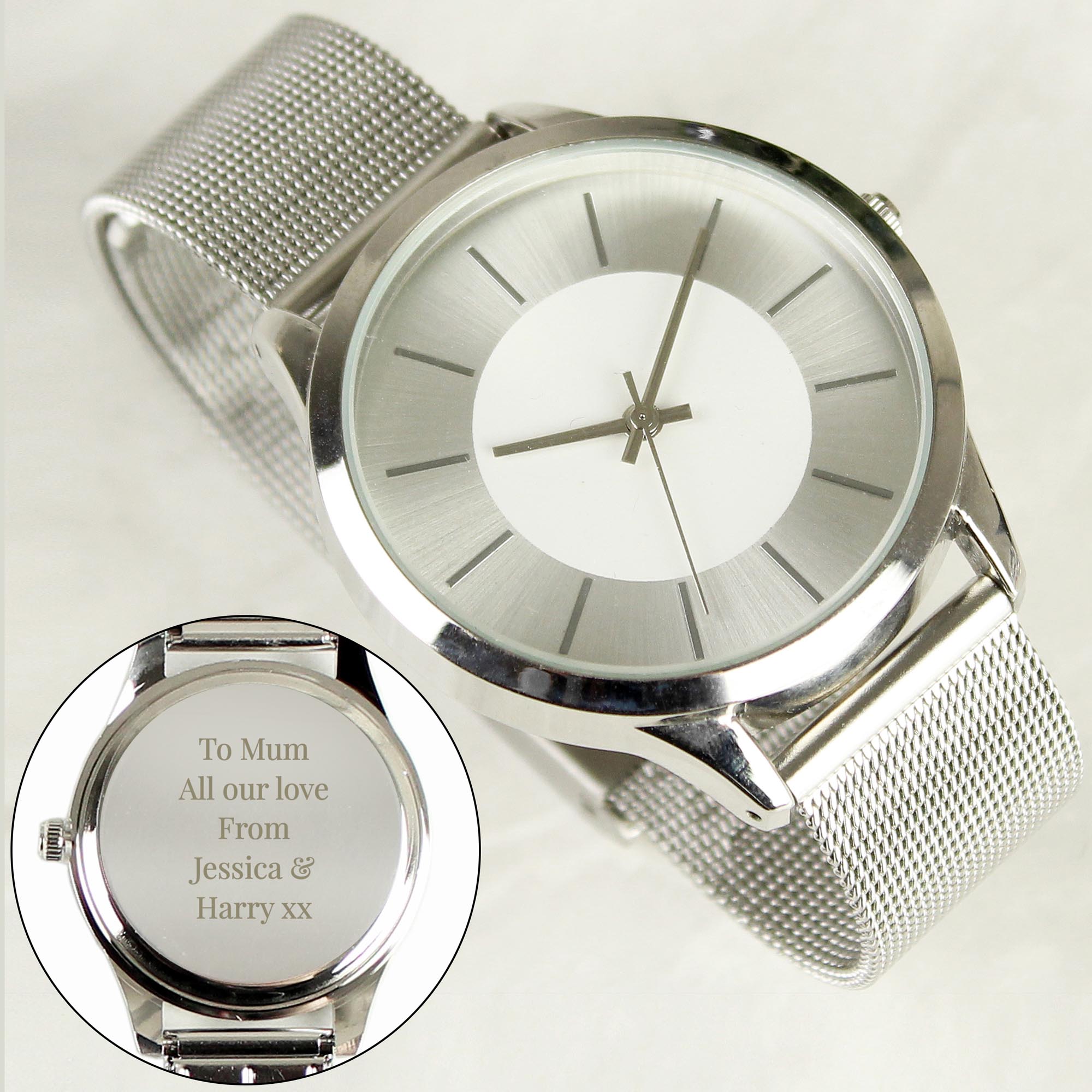 Personalised Silver Watch with Mesh Style Strap 