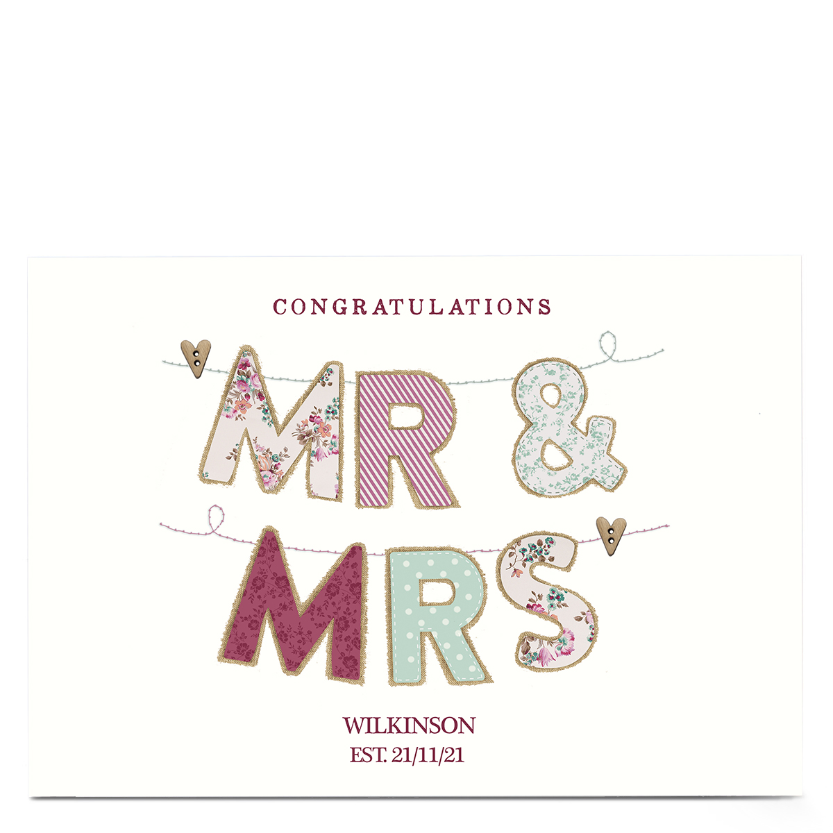 Personalised Card - Fabric Mr & Mrs, Washing Line 