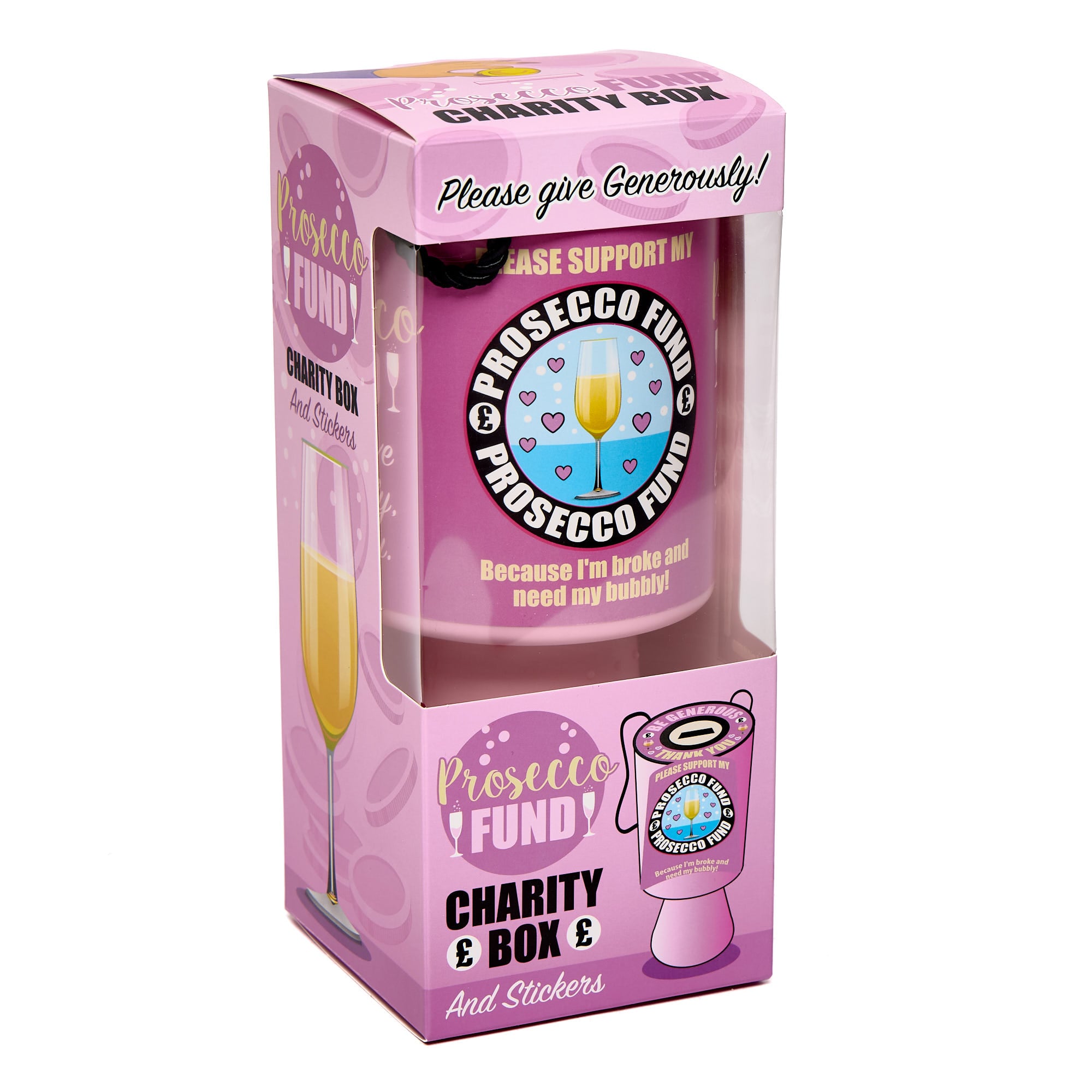 Prosecco Fund Novelty Charity Box & Stickers