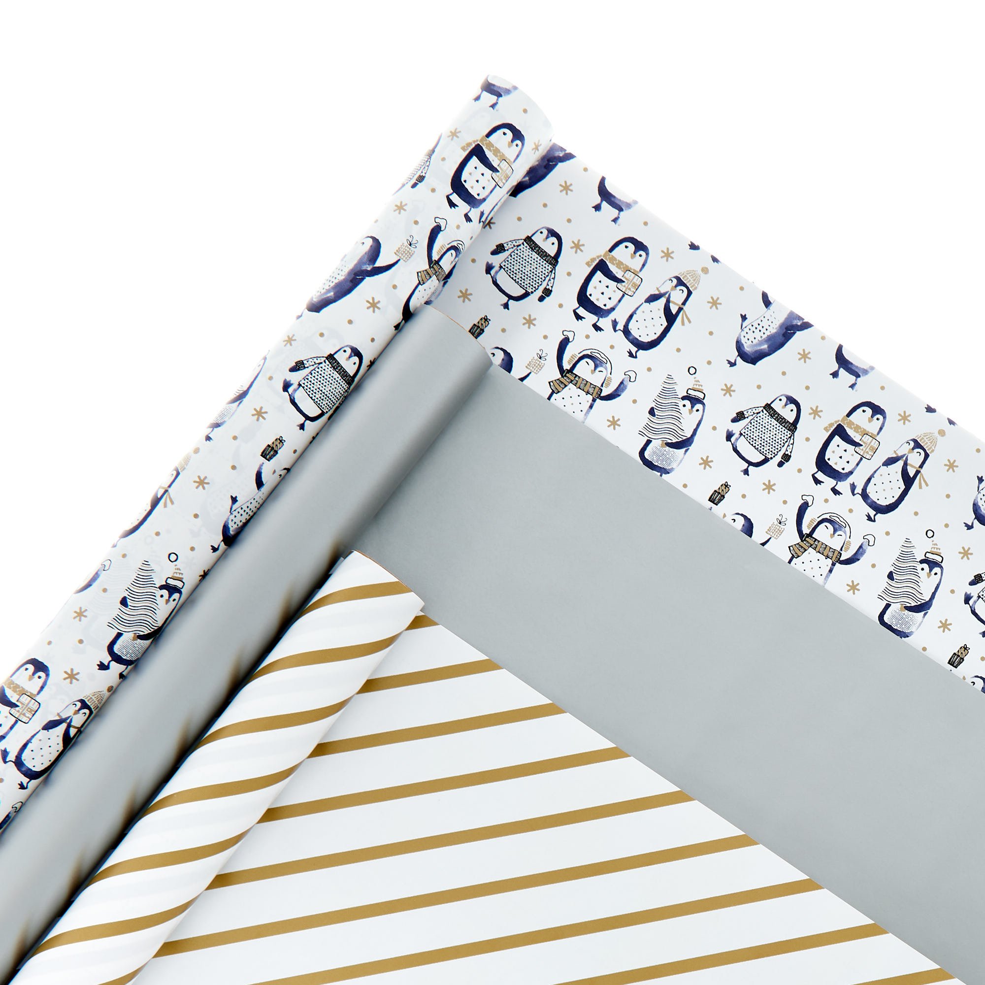 Gold & Silver Penguins Wrapping Paper Pack - 3 Rolls