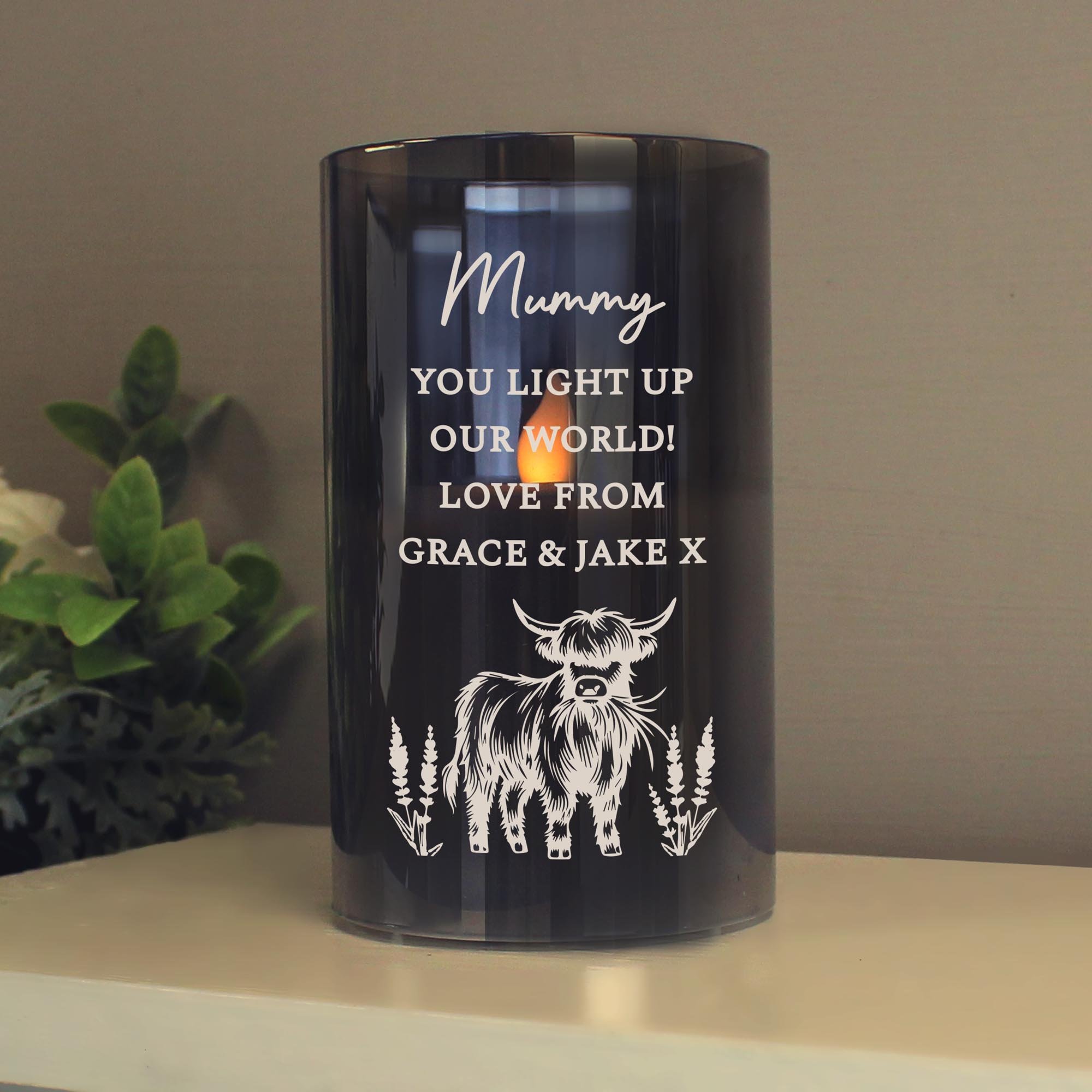 Personalised Highland Cow Glass LED Candle