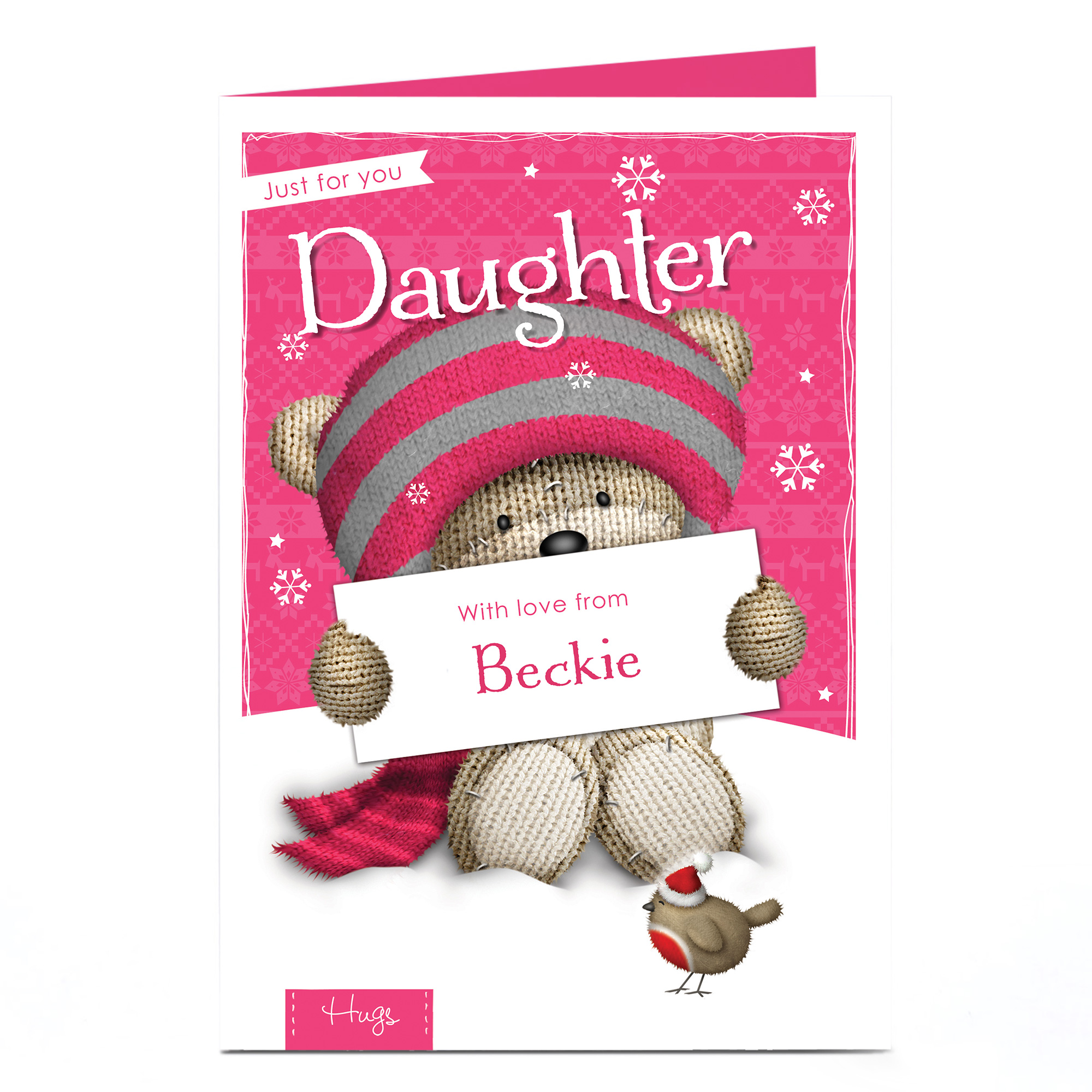 Personalised Hugs Christmas Card - Pink Bear - Daughter