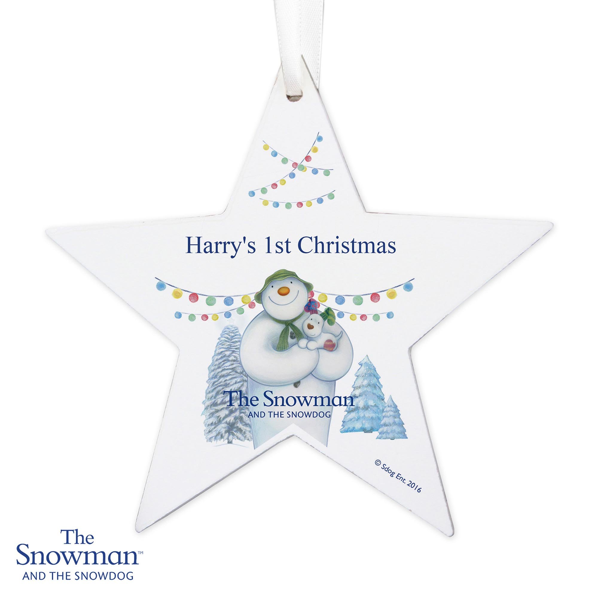 Personalised The Snowman & the Snowdog Wooden Star Decoration