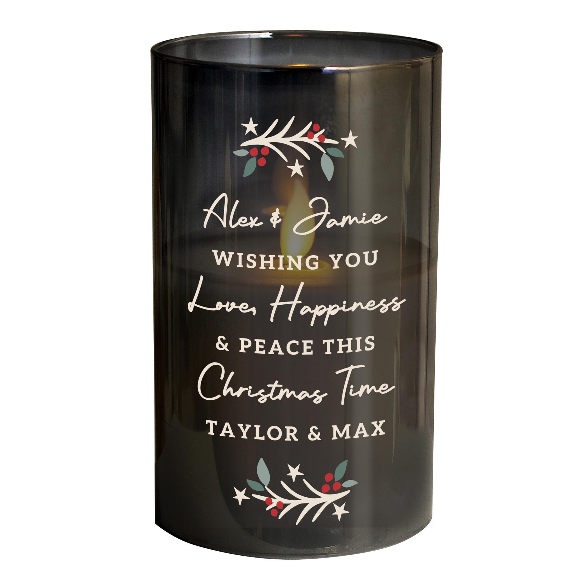 Personalised Christmas Smoked Glass LED Candle,  Personalised Christmas Smoked Glass LED Candle