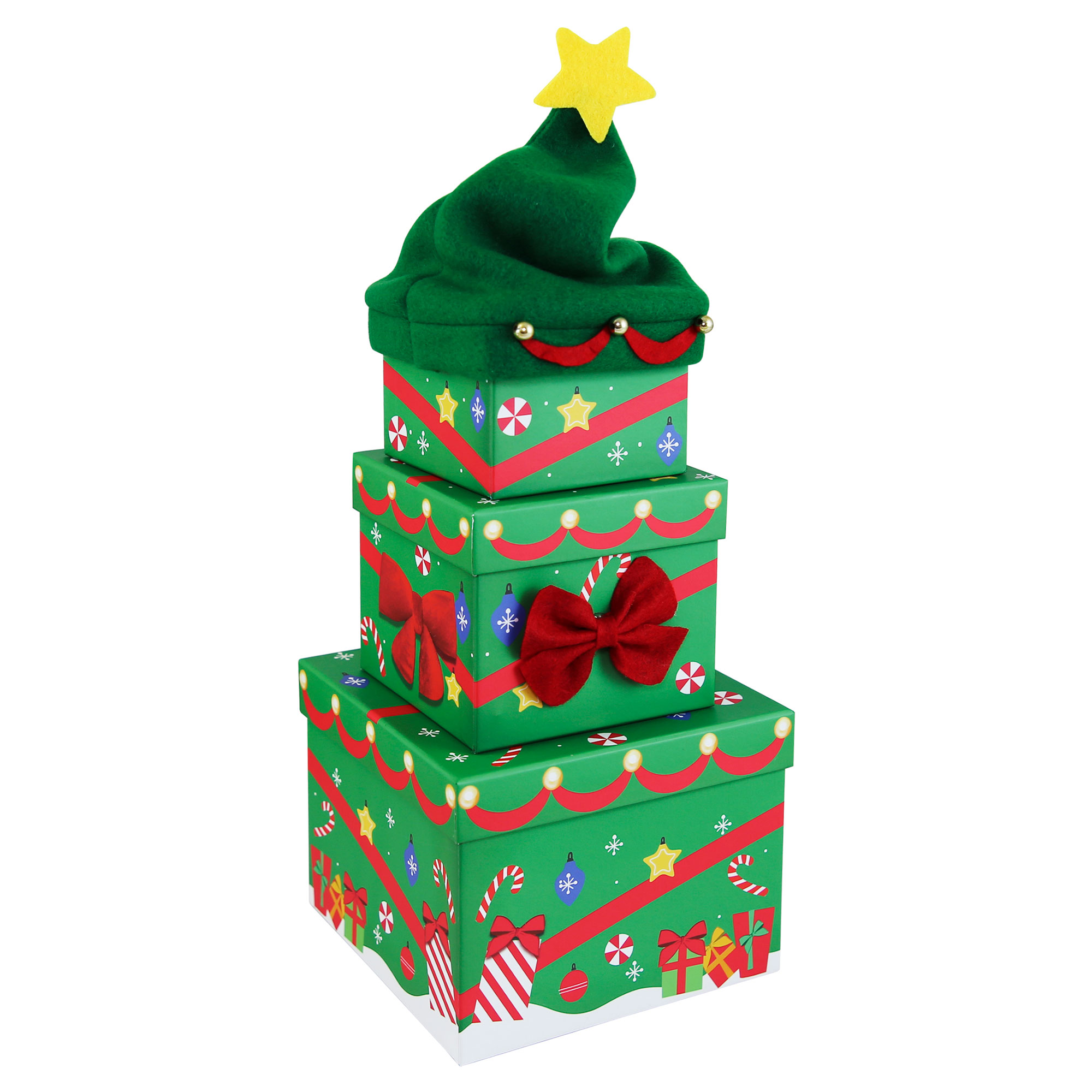 Stackable Plush Christmas Tree Gift Boxes - Set of 3