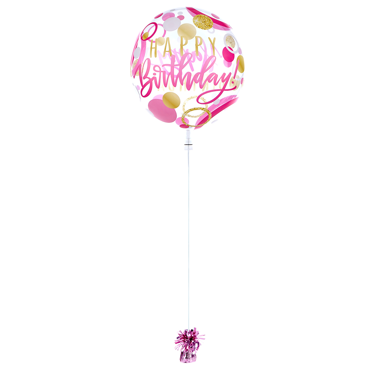 22-Inch Bubble Balloon - Happy Birthday, Pink & Gold Spots - DELIVERED INFLATED!