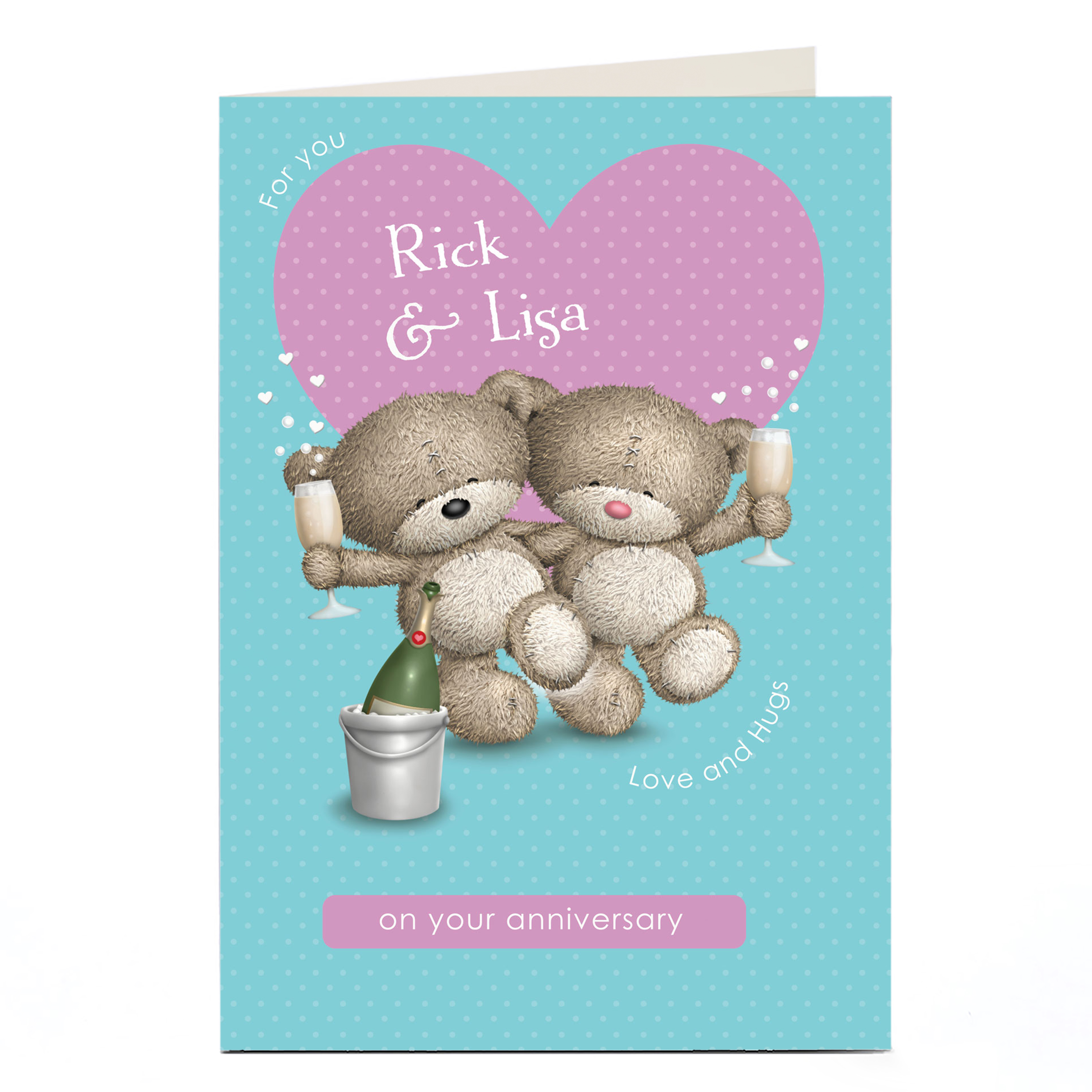 Personalised Hugs Bear Anniversary Card - Champagne