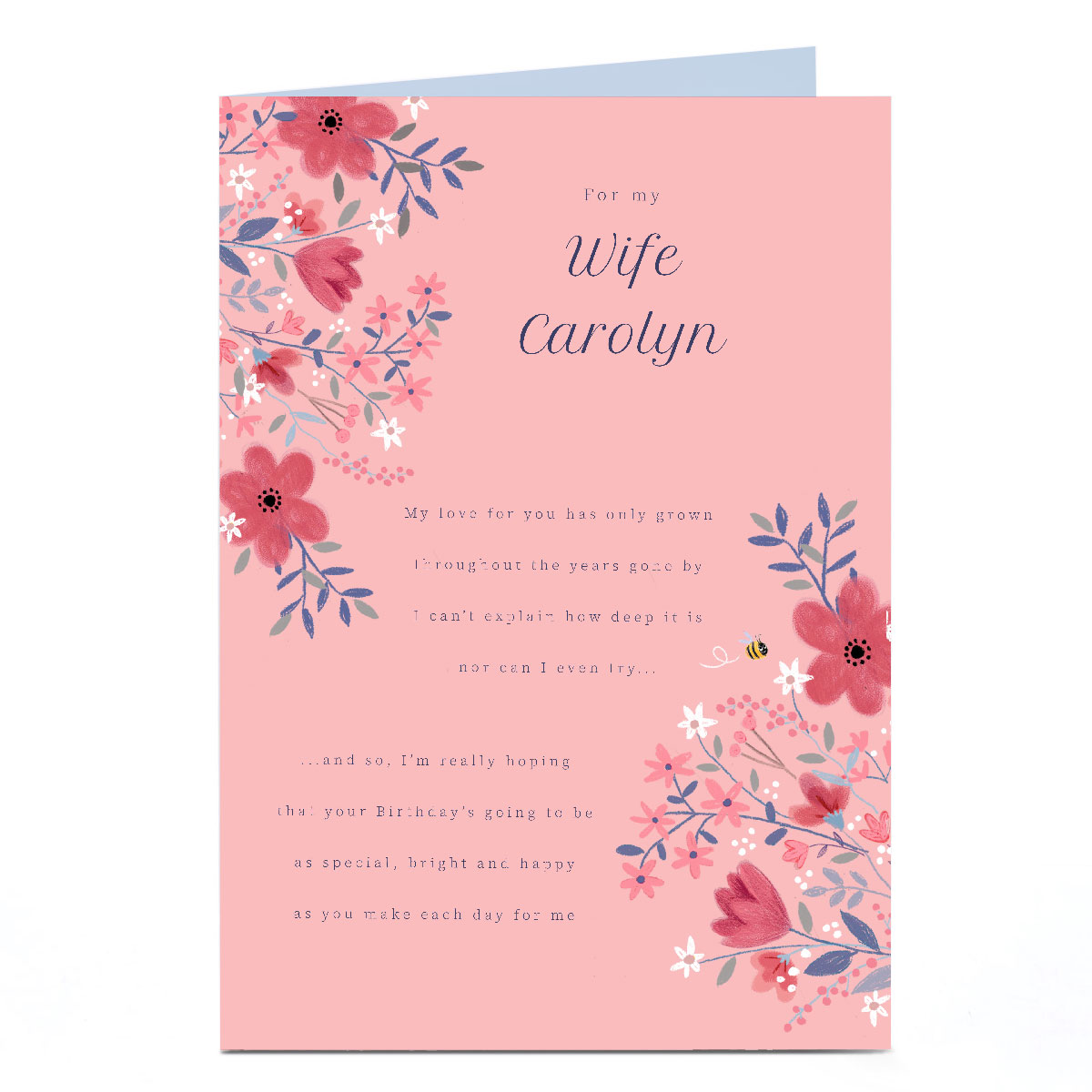 Personalised Birthday Card - Pink Flowers and Bumblebee