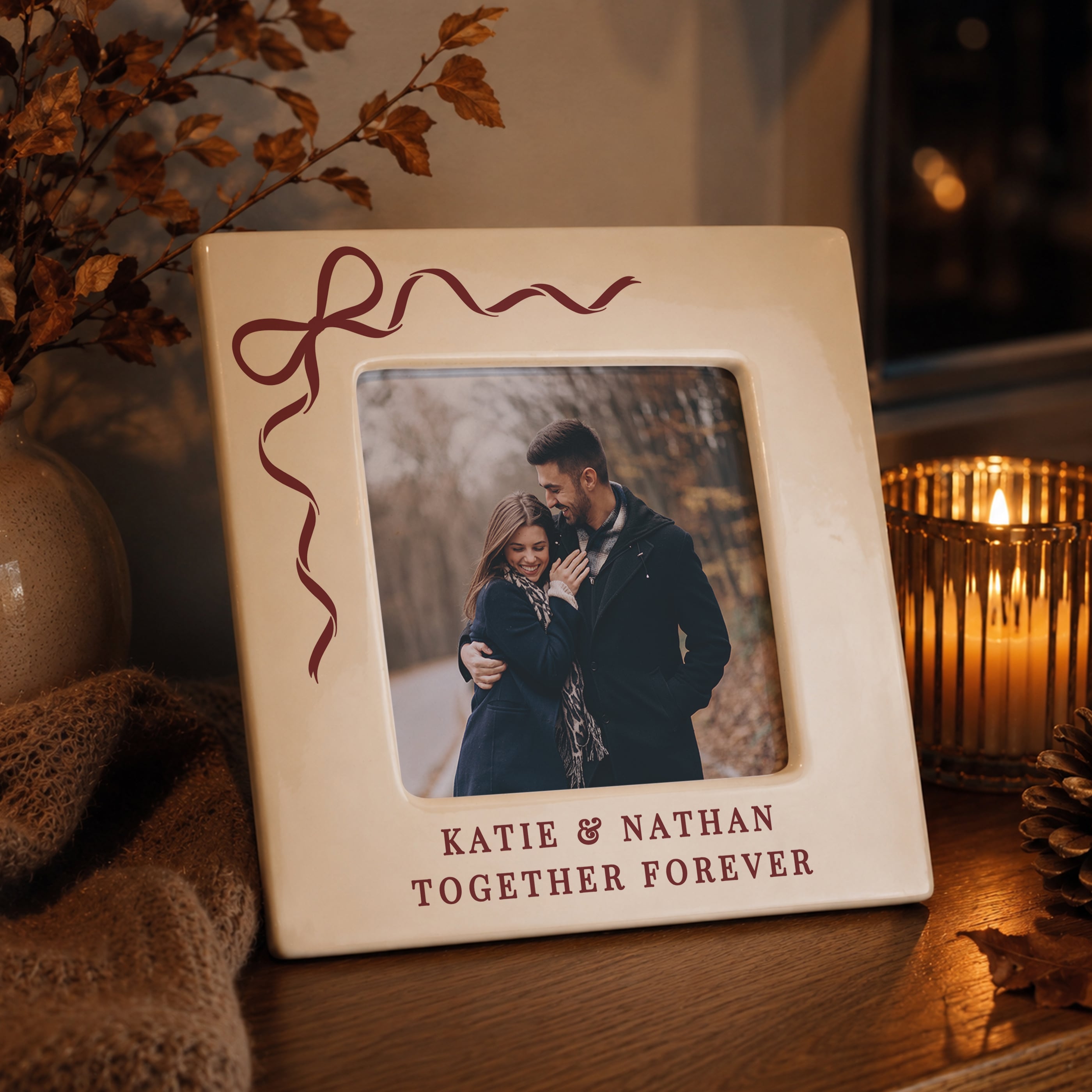 Personalised Red Bow Ceramic 4x4-Inch Photo Frame