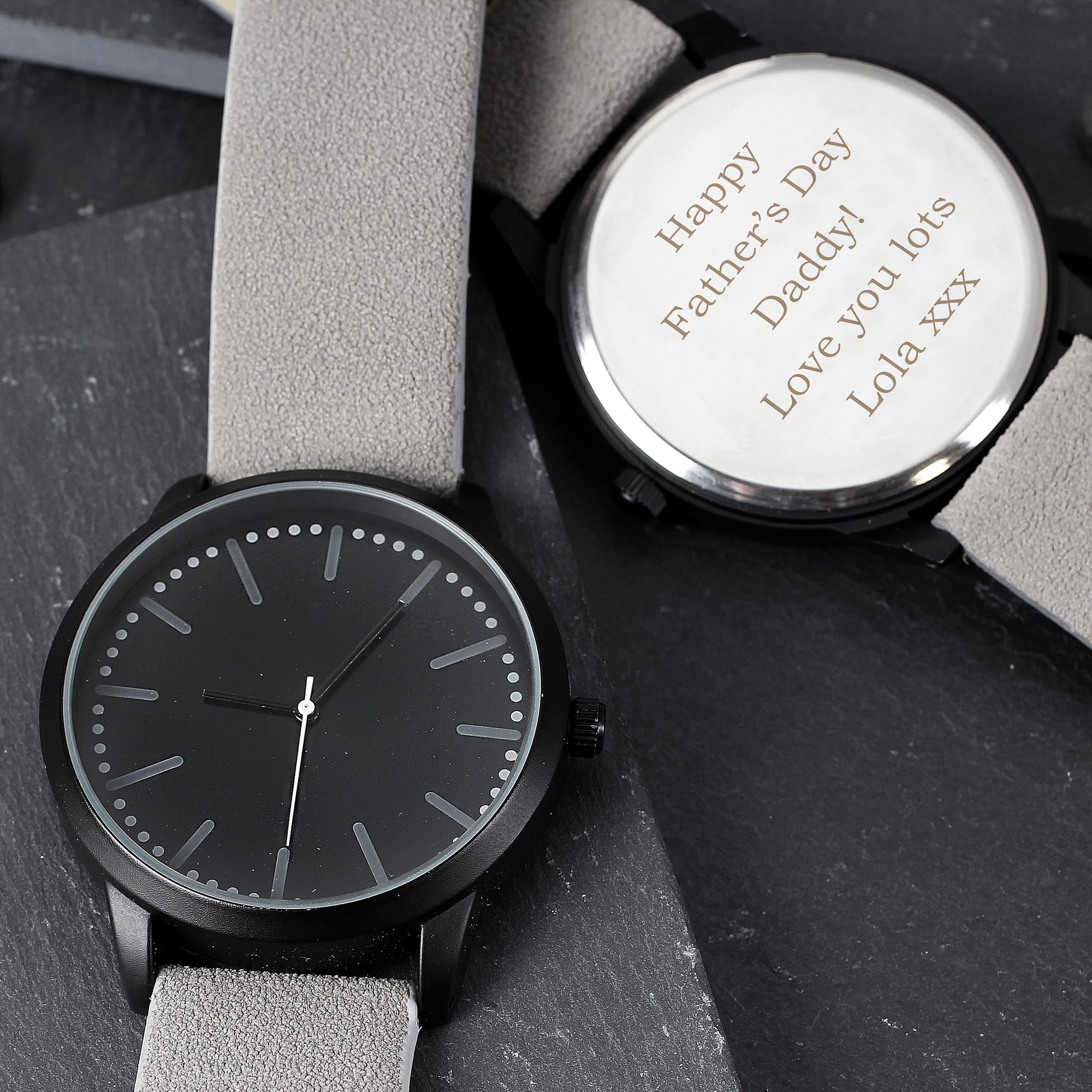 Personalised Men's Matte Black Watch with Grey Strap & Presentation Box