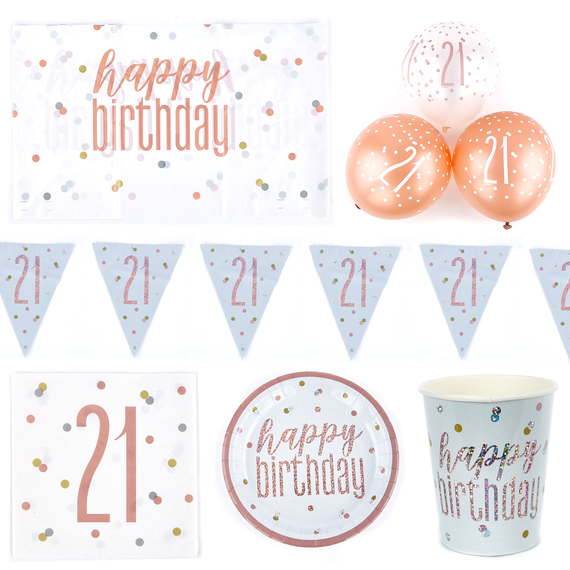 Rose Gold 21st Birthday Tableware & Decoration Bundle - 16 Guests