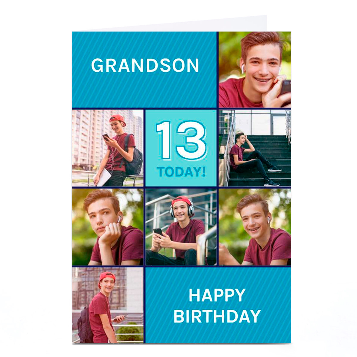 Photo Birthday Card - Blue Squares Grandson, Any Age