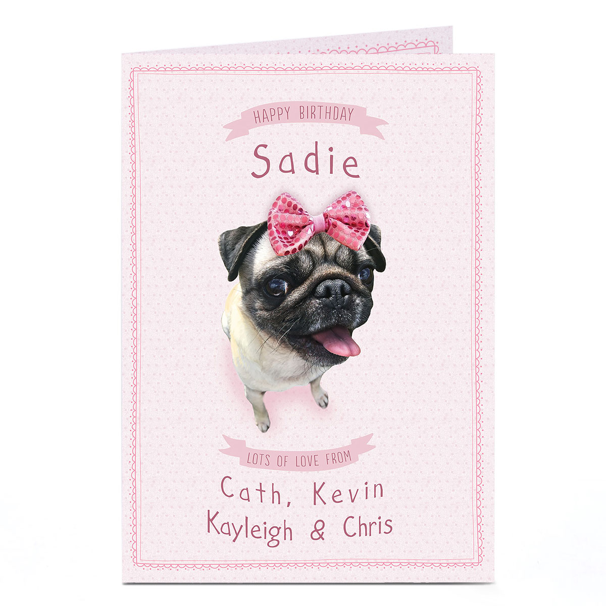 Personalised Birthday Card - Pug Pink Bow