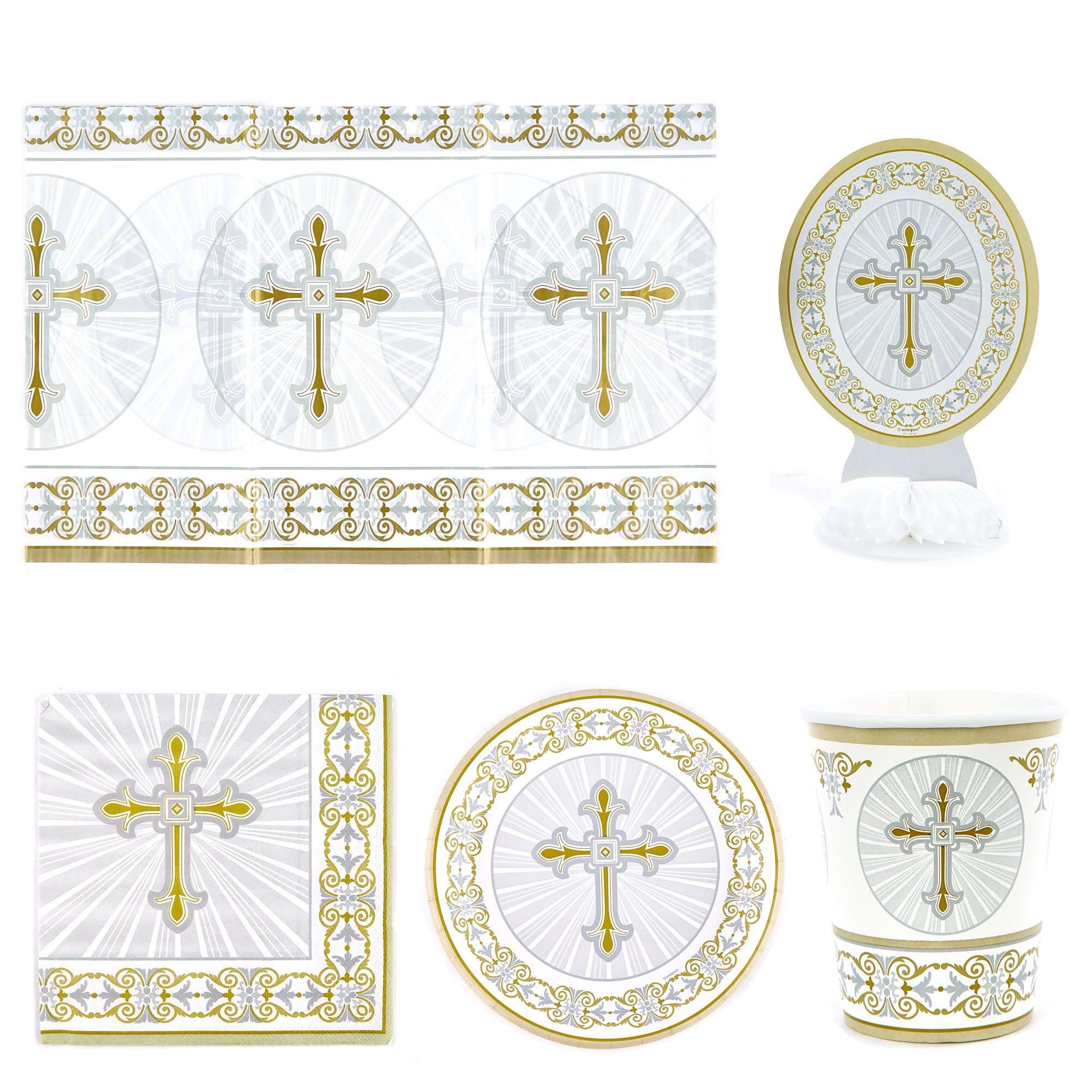 Gold & Silver Cross Party Tableware & Decorations Bundle - 16 Guests