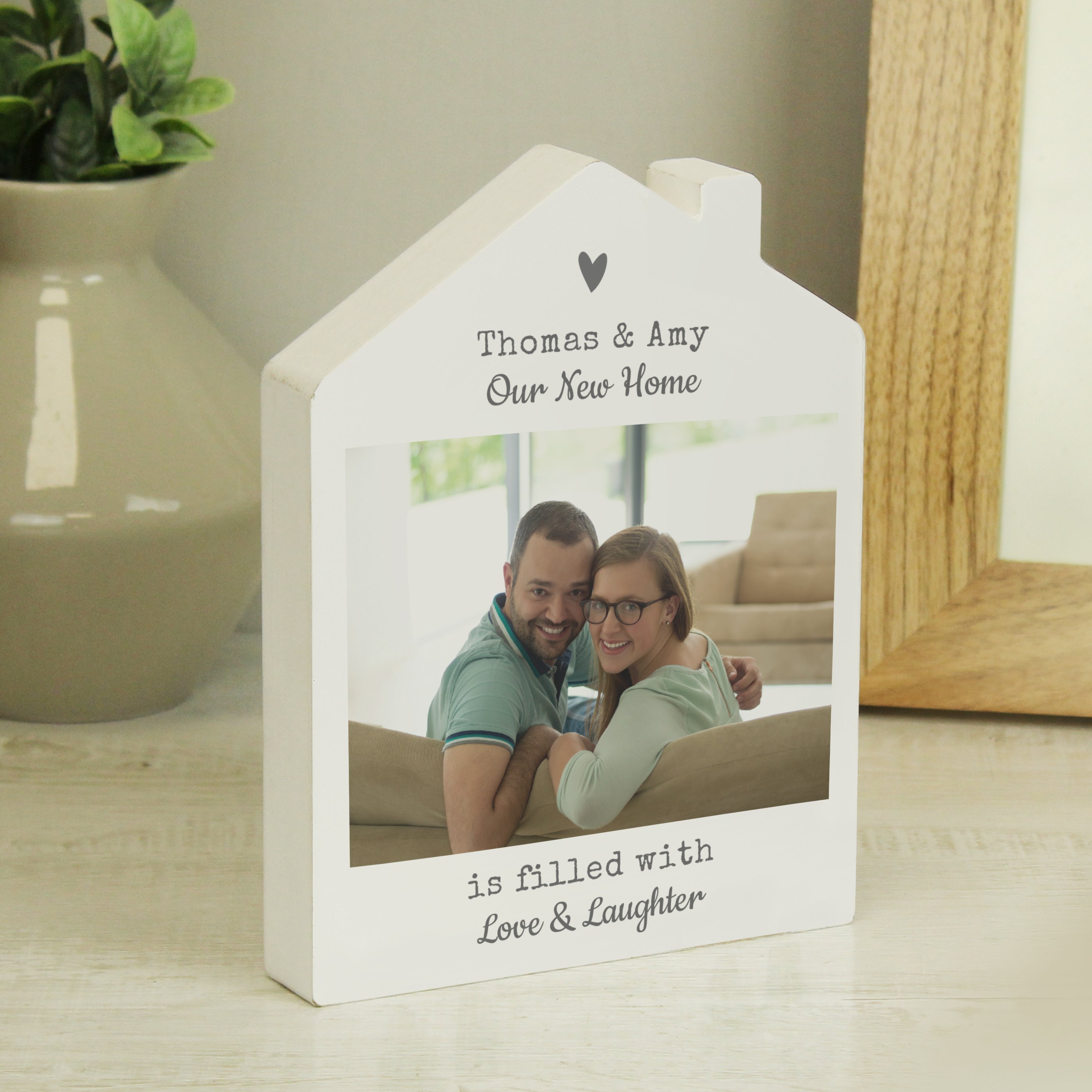 Personalised Grey Heart Photo Upload Wooden House Plaque