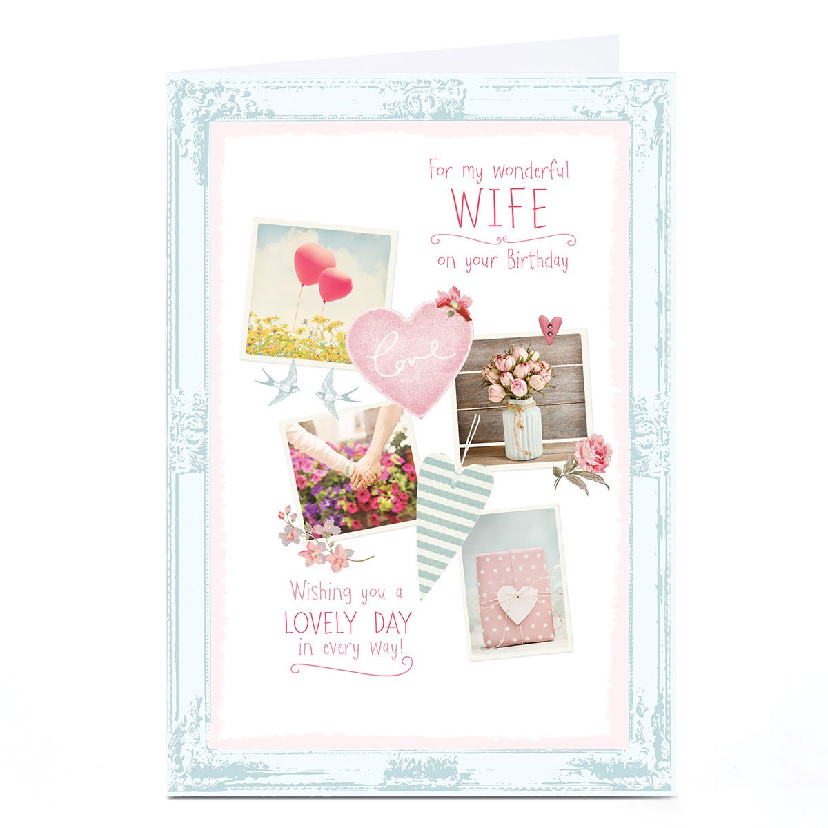 Personalised Birthday Card - Rustic Roses Balloons and Hearts, Wife