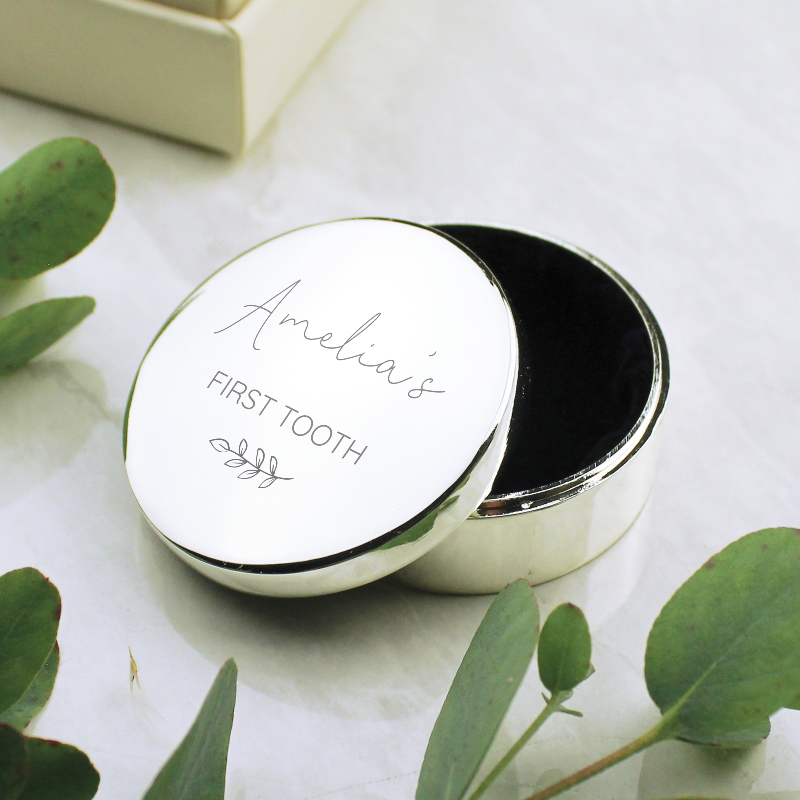 Personalised Botanical First Tooth or Curl Trinket Box