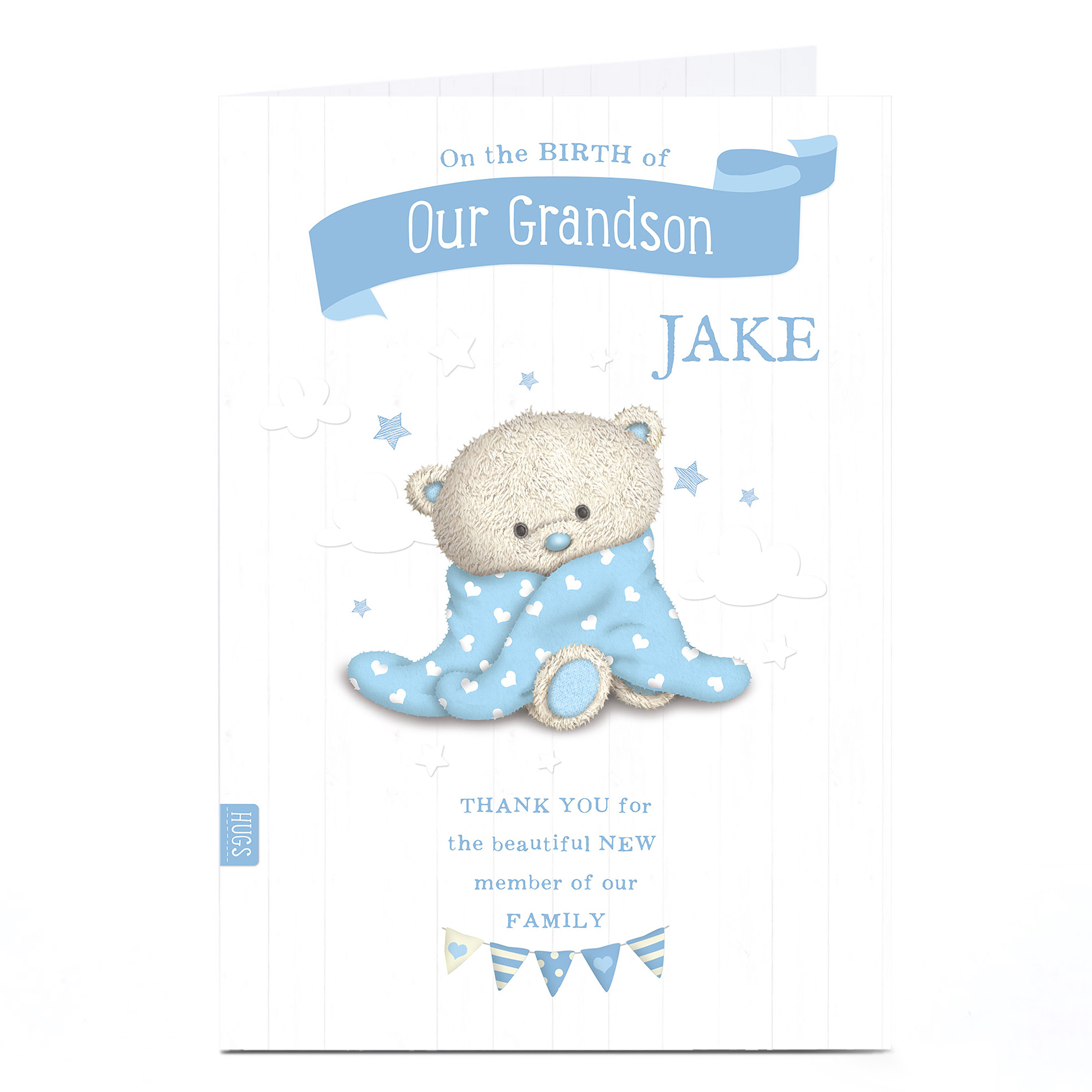 Personalised Hugs New Baby Card - Blue Baby Towel