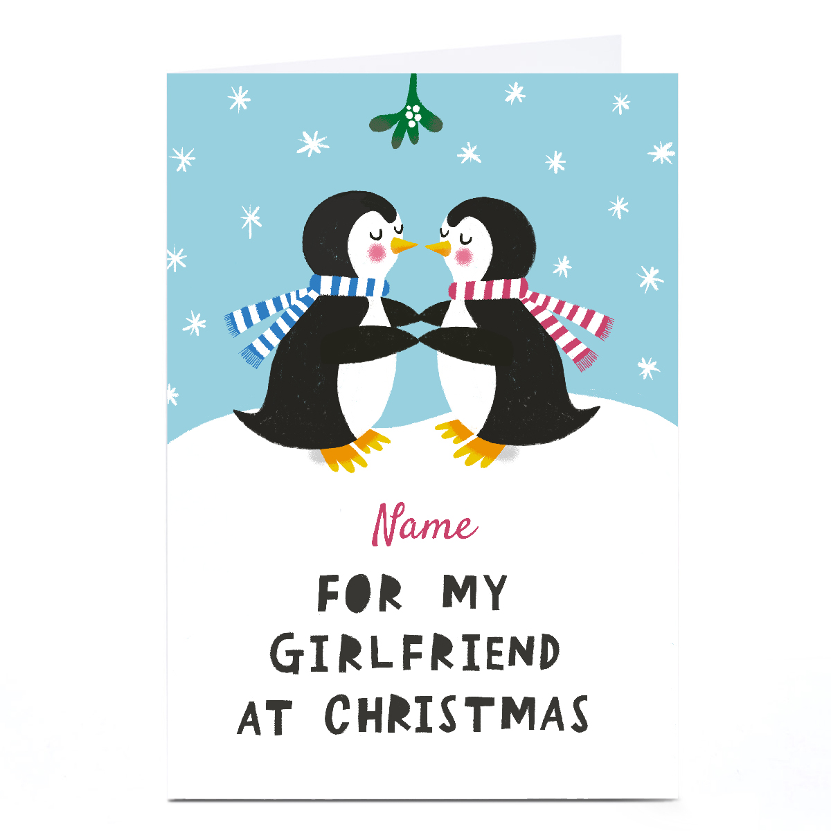 Personalised Stevie Studio Christmas Card - Penguins Couple Under Mistletoe, Girlfriend