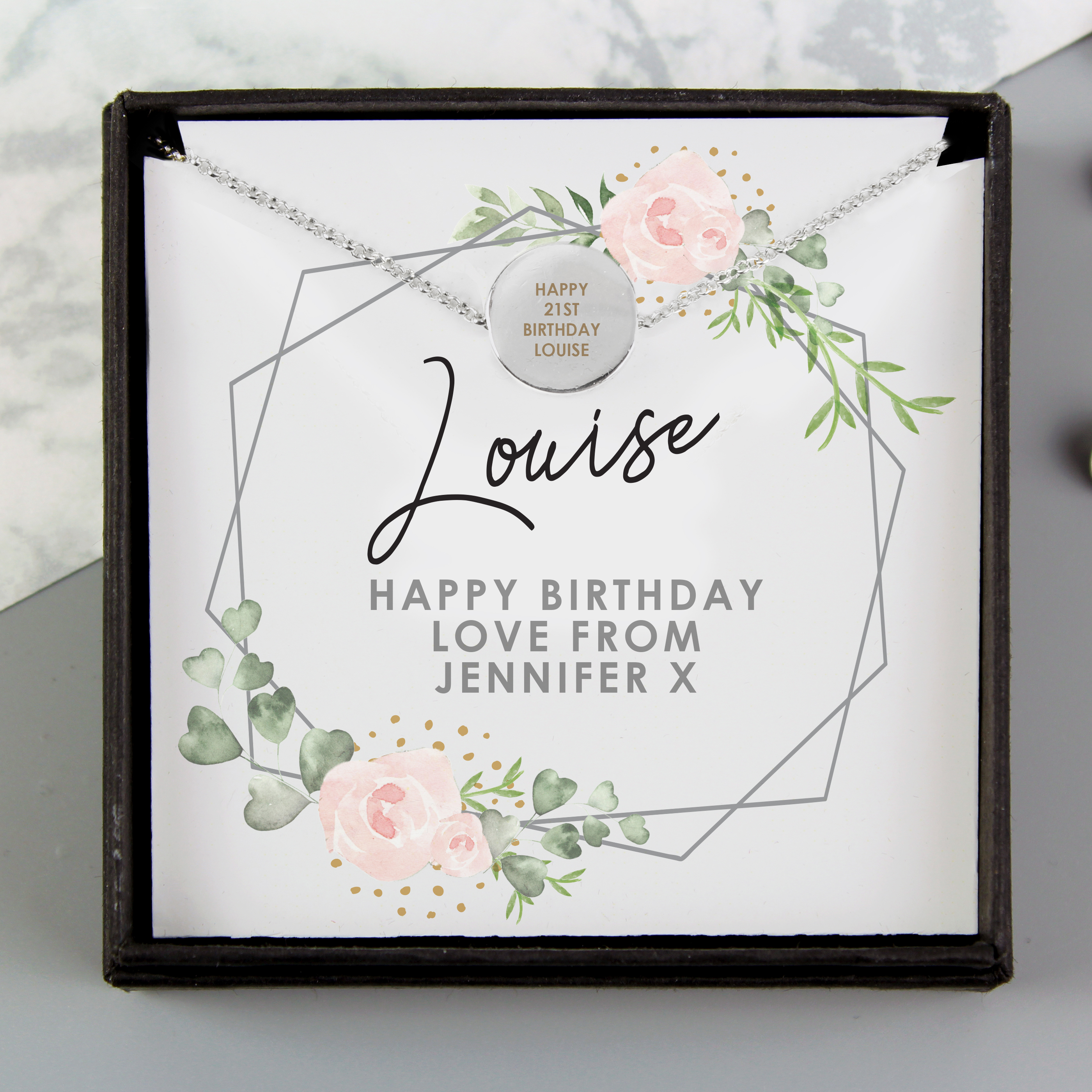 Personalised Abstract Rose Sentiment Silver Tone Necklace & Box