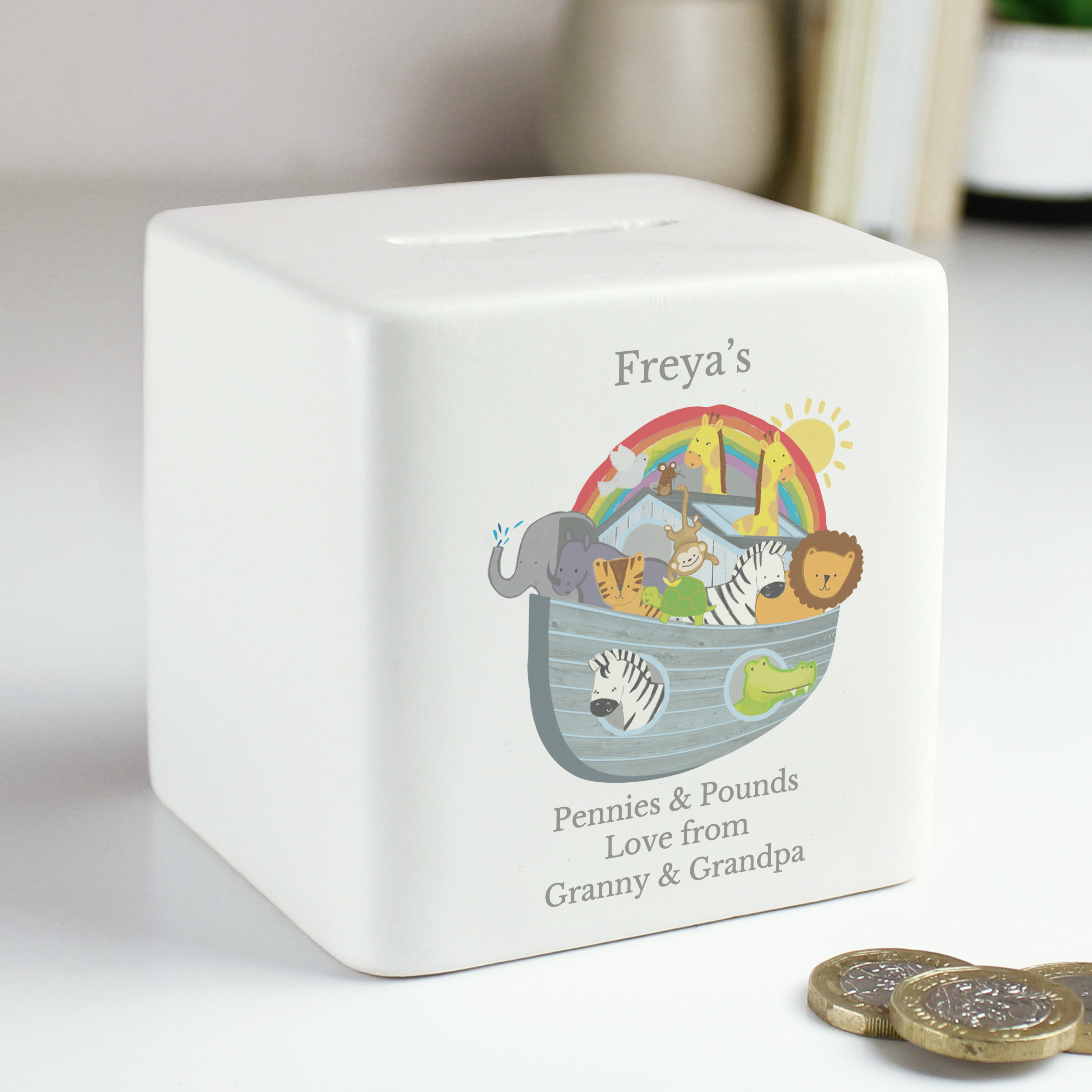 Image of Personalised Noahs Ark Ceramic Square Money Box