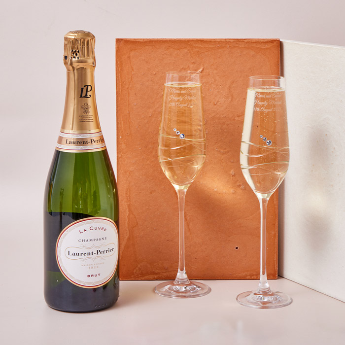 Engraved Set of 2 Crystal Champagne Flutes With Laurent Perrier Champagne - Wedding
