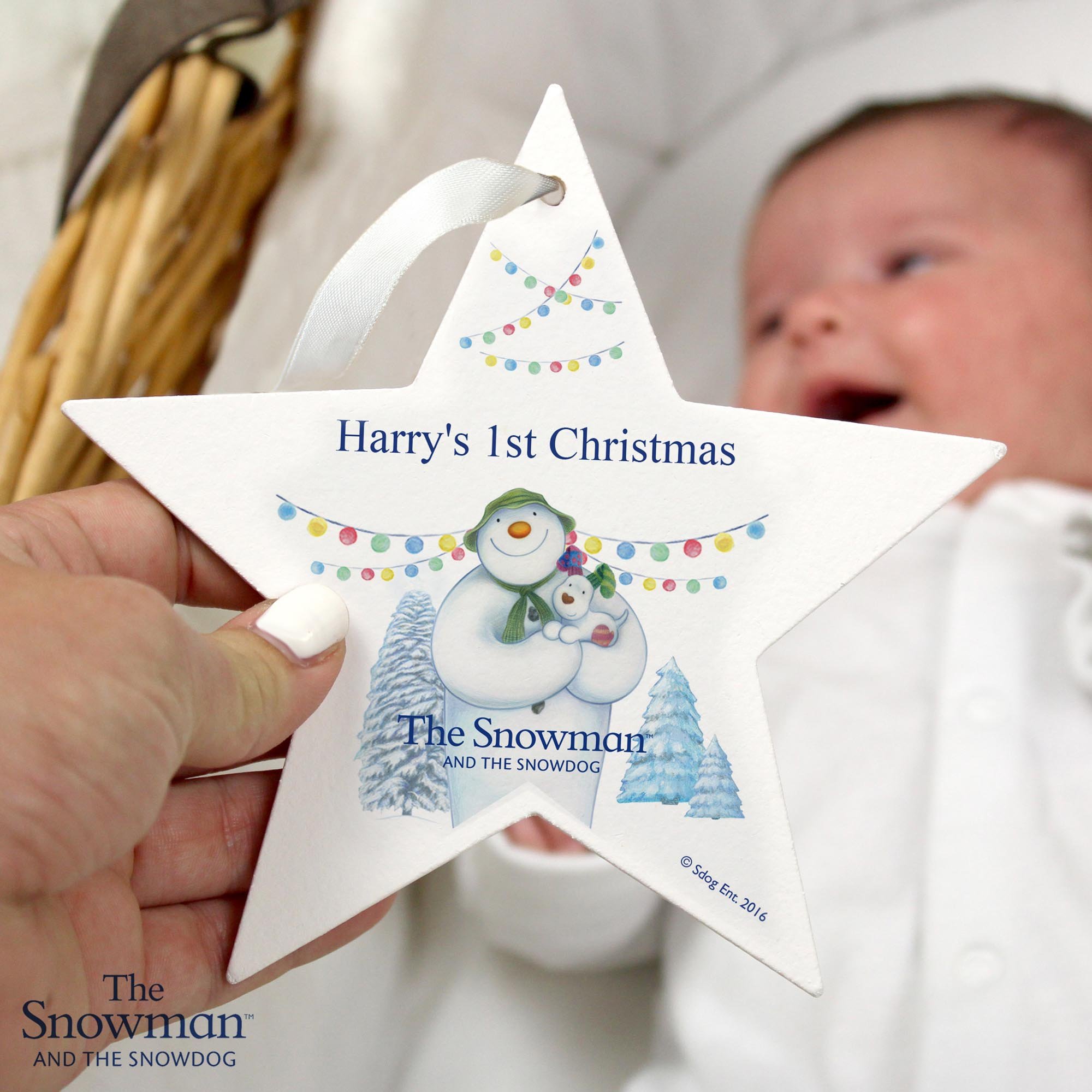 Personalised The Snowman & the Snowdog Wooden Star Decoration