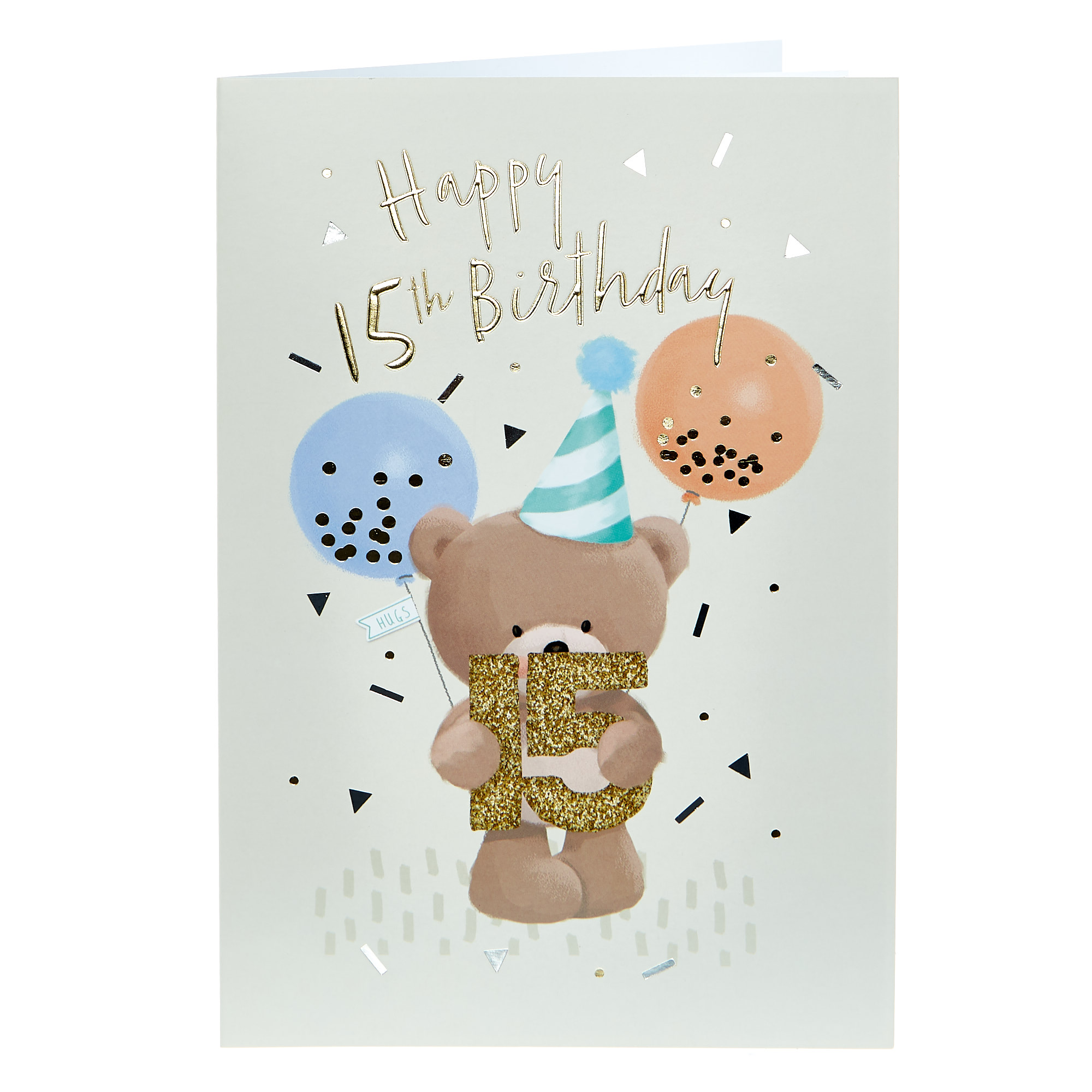 Hugs Bear 15th Birthday Card - Balloons