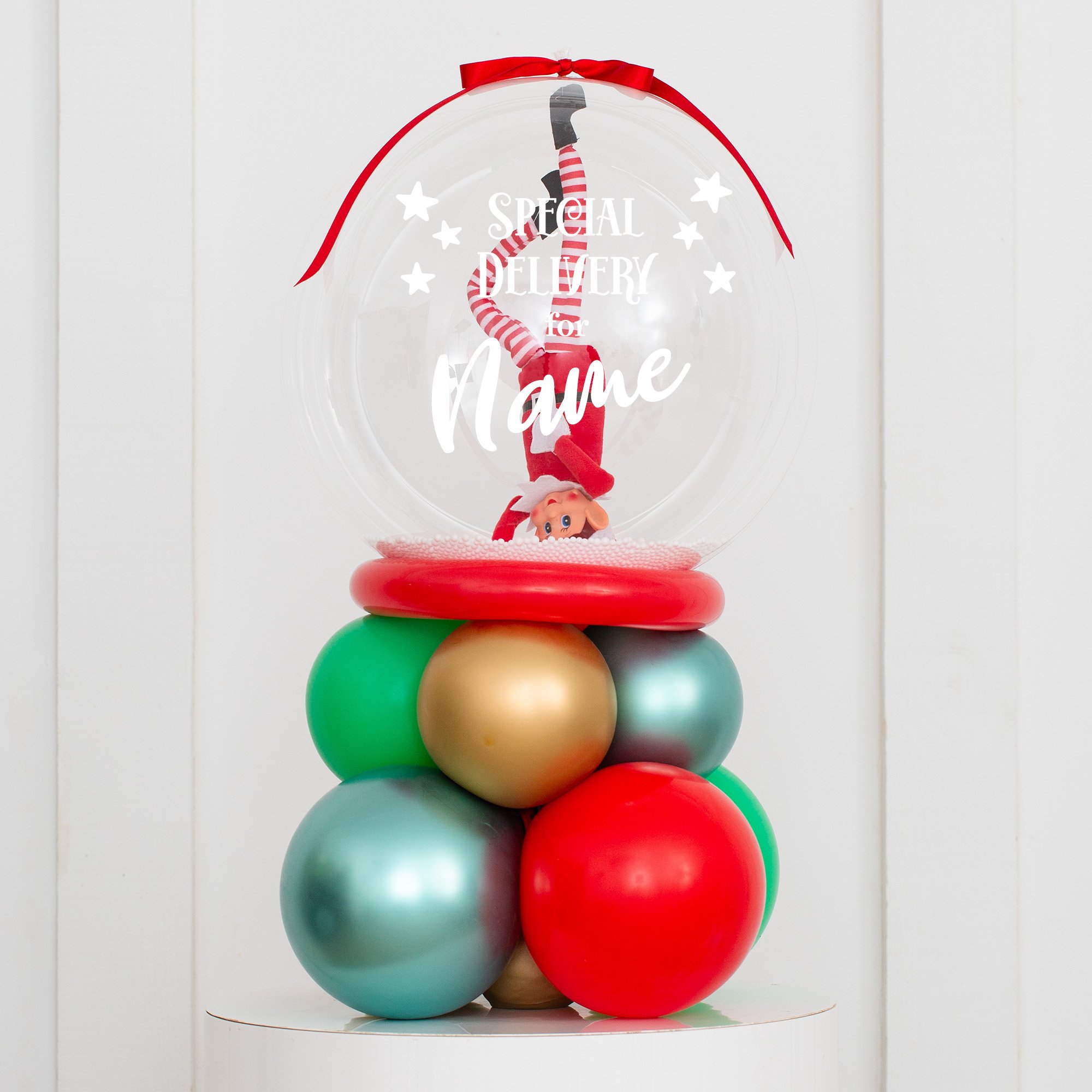 Elf Arrival Personalised Merry & Bright Snow Globe Bubble Stack - Delivered Inflated!