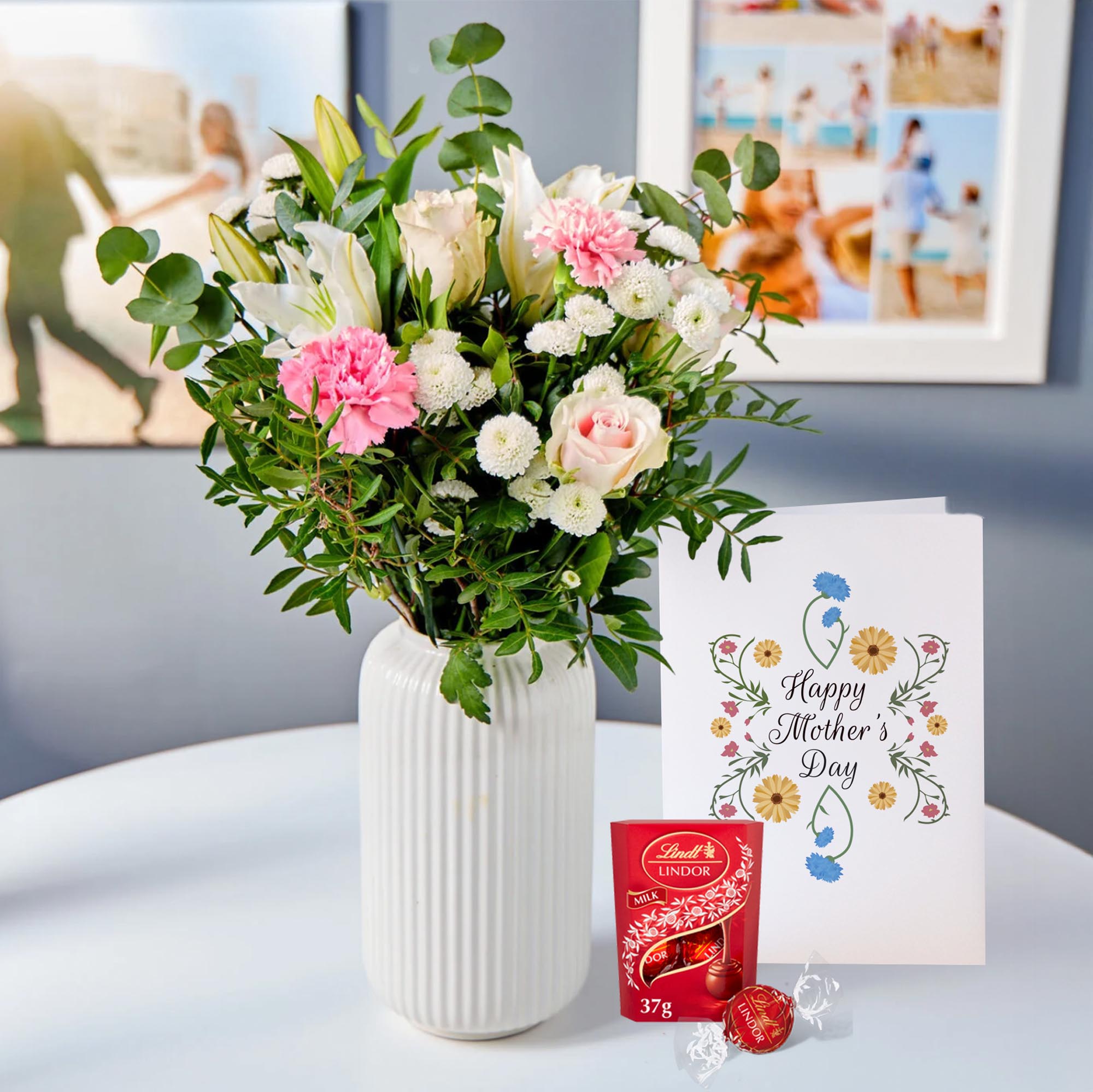 Blossoming Gifts Pink Purity, Lindor Truffles & Mother's Day Card - Free Delivery!